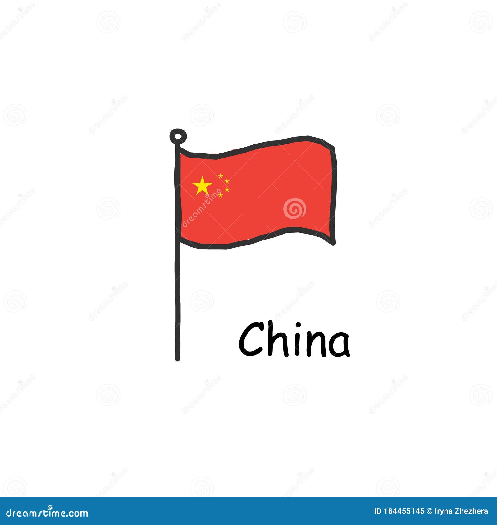 hand drawn sketchy china flag on the flag pole. three color flag . stock    on white background