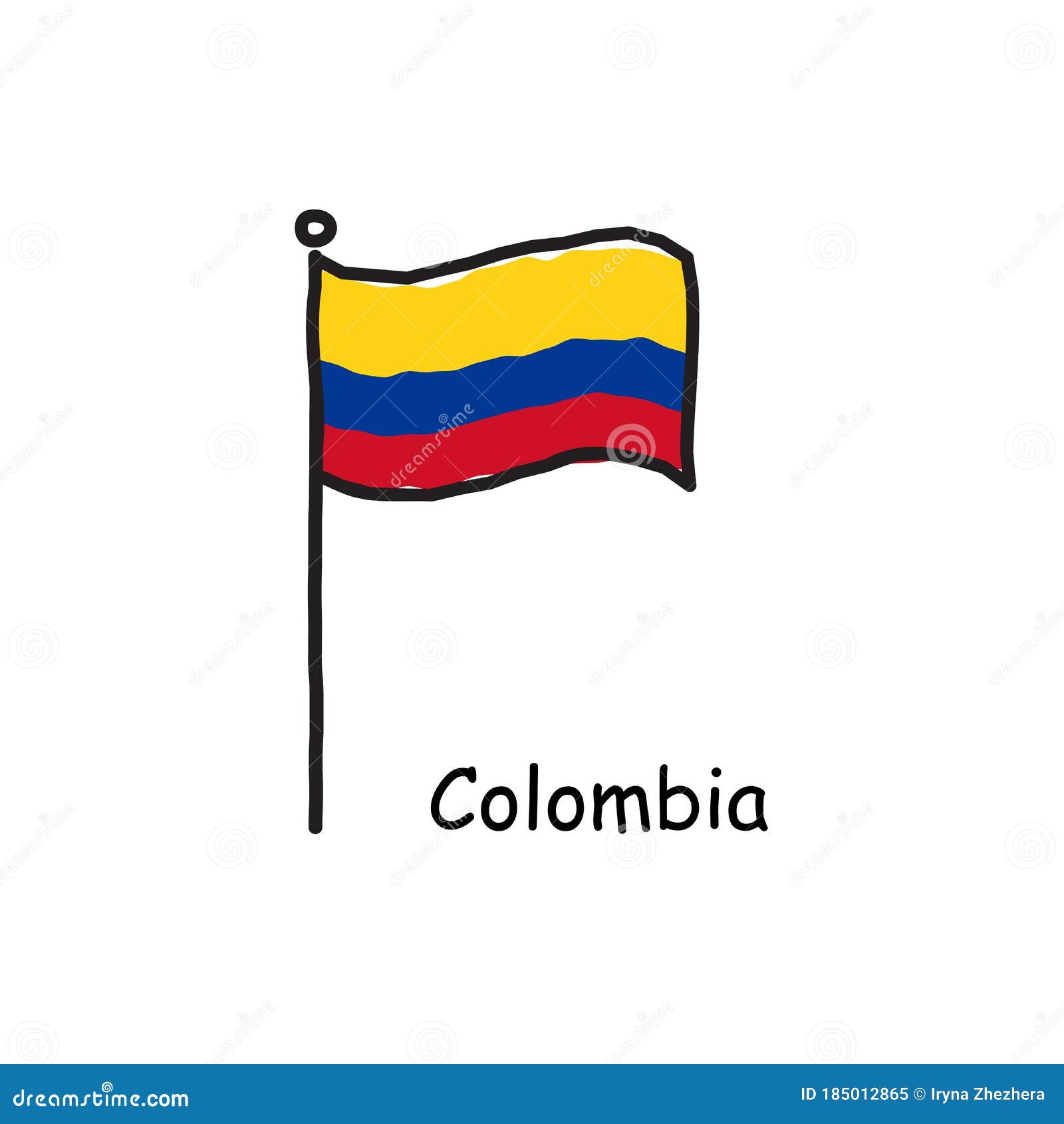 hand drawn sketchy colombia flag on the flag pole. three color flag . stock    on white background