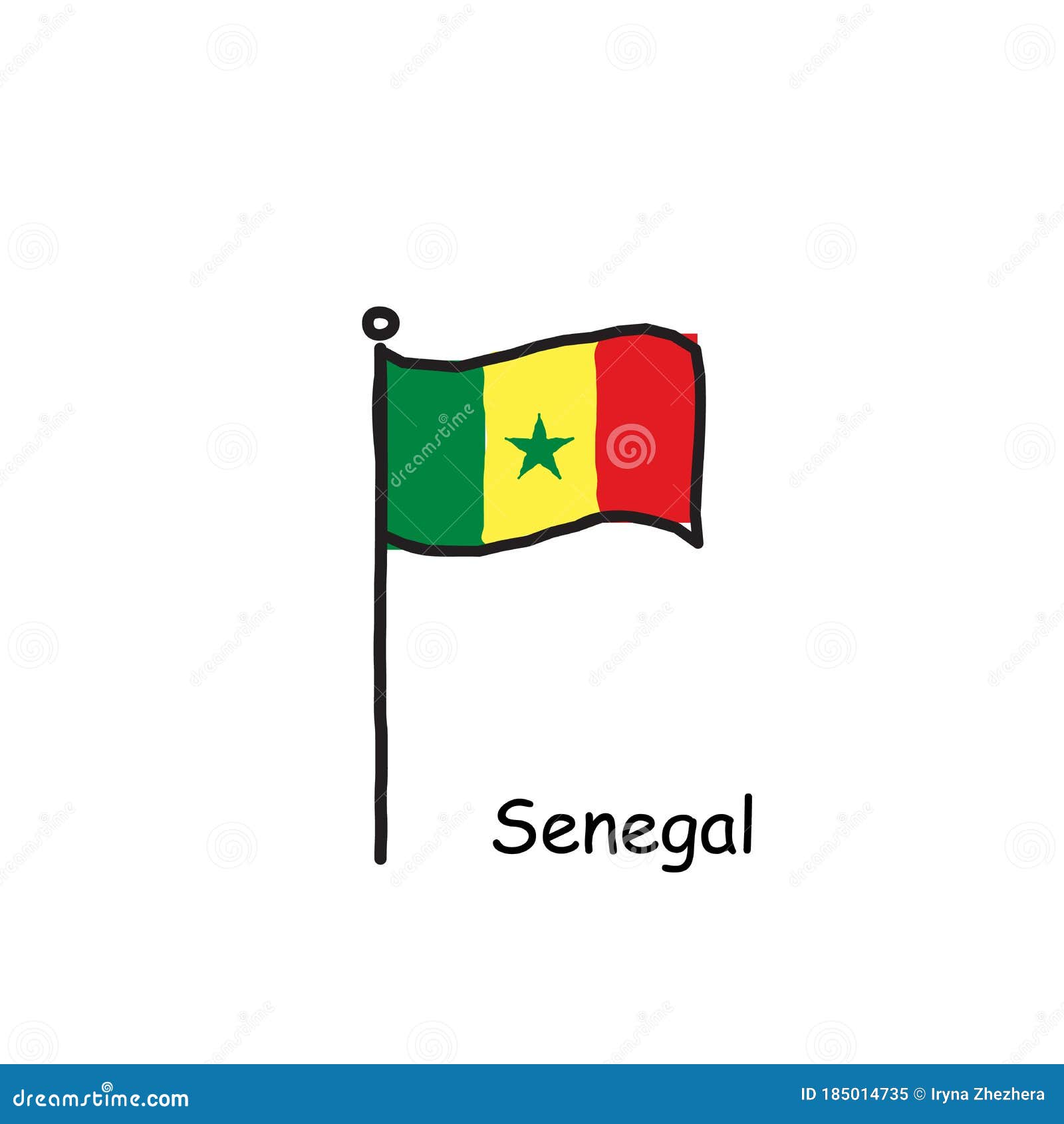 hand drawn sketchy senegal flag on the flag pole. three color flag . stock    on white background