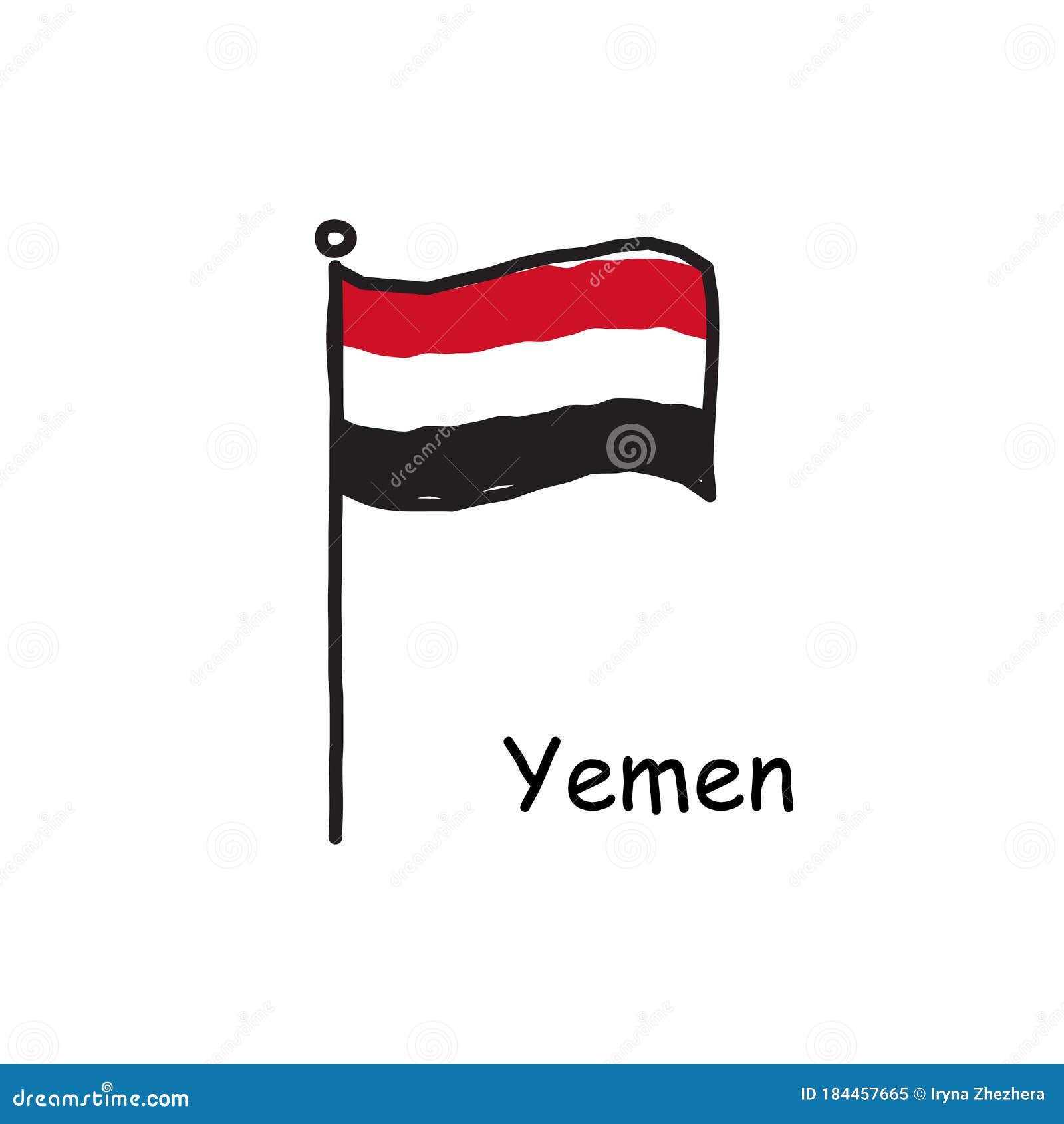 hand drawn sketchy yemen flag on the flag pole. three color flag . stock    on white background