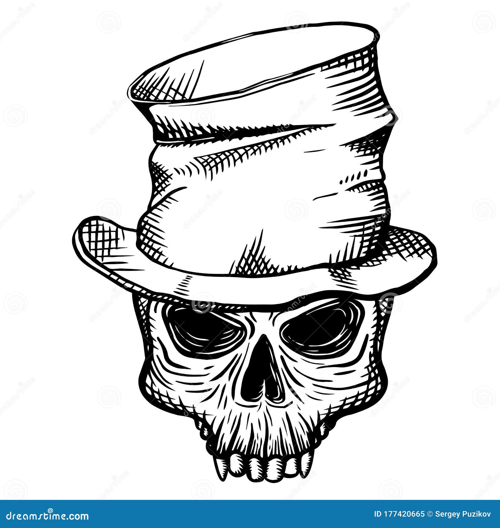 Hand Drawn Skull of a Dead Man in a Crumpled Top Hat, on a White ...