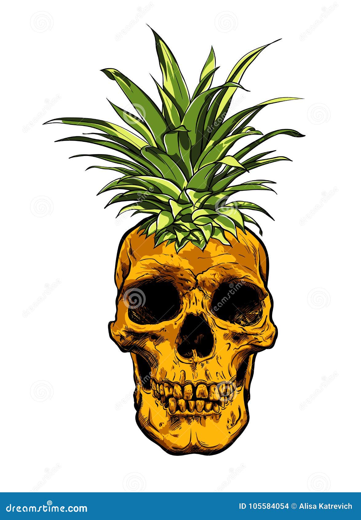 Hand Drawn Skull Fruit Pineapple Illustration Vector. Stock Vector