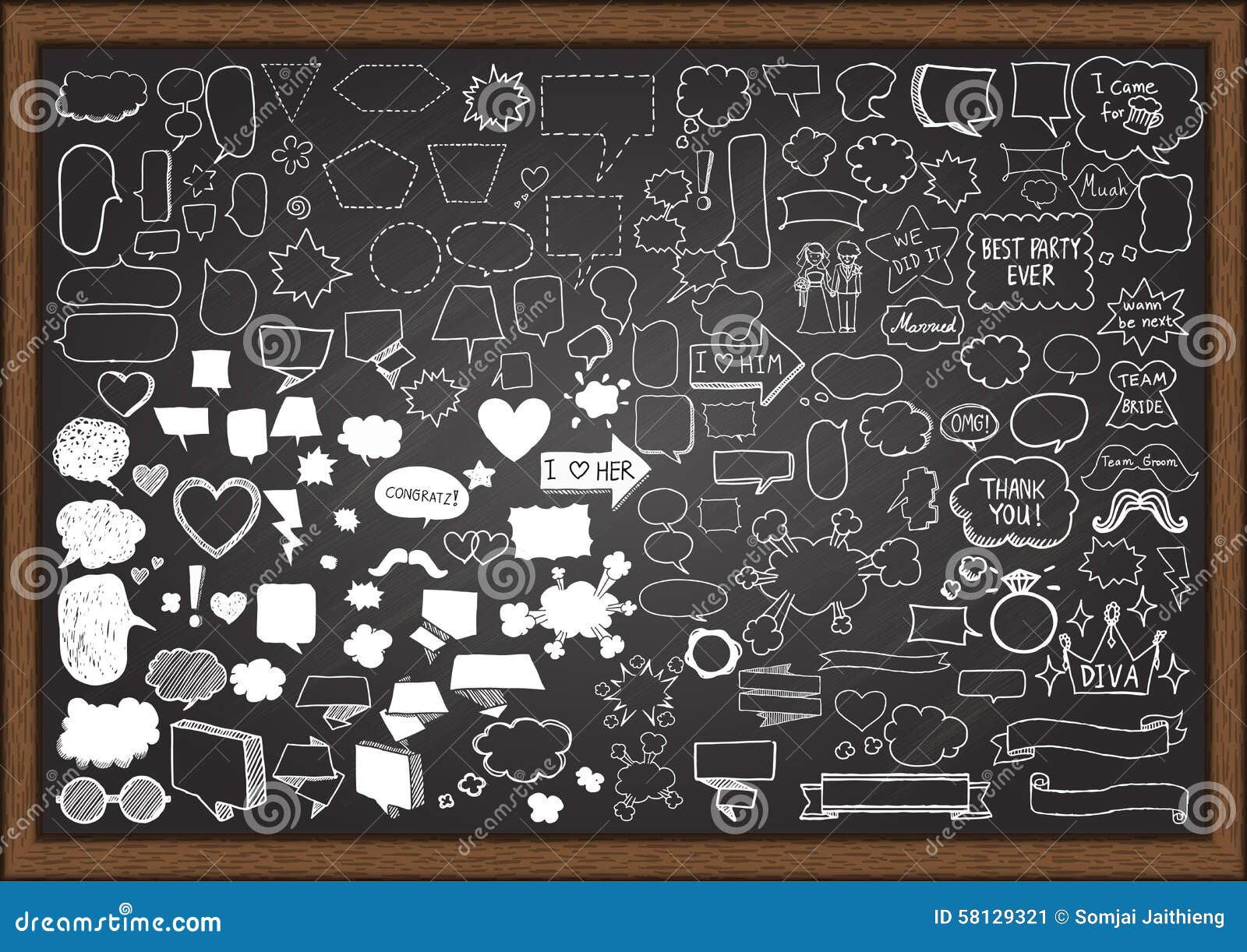 Hand Drawn Speech Balloons with Wedding Party Elements on Chalkboard