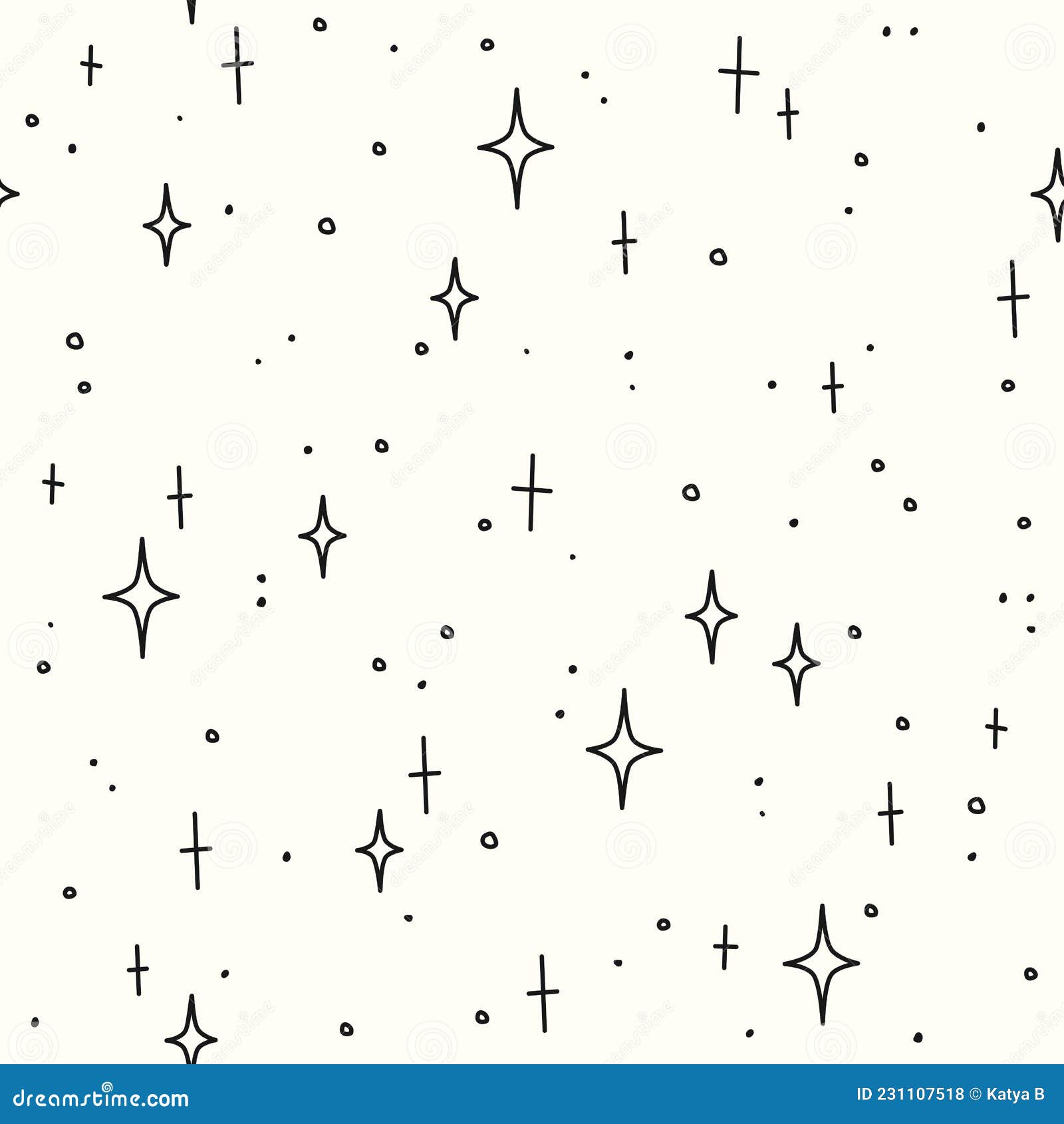 hand drawn stars and dots on a white background.  seamless pattern