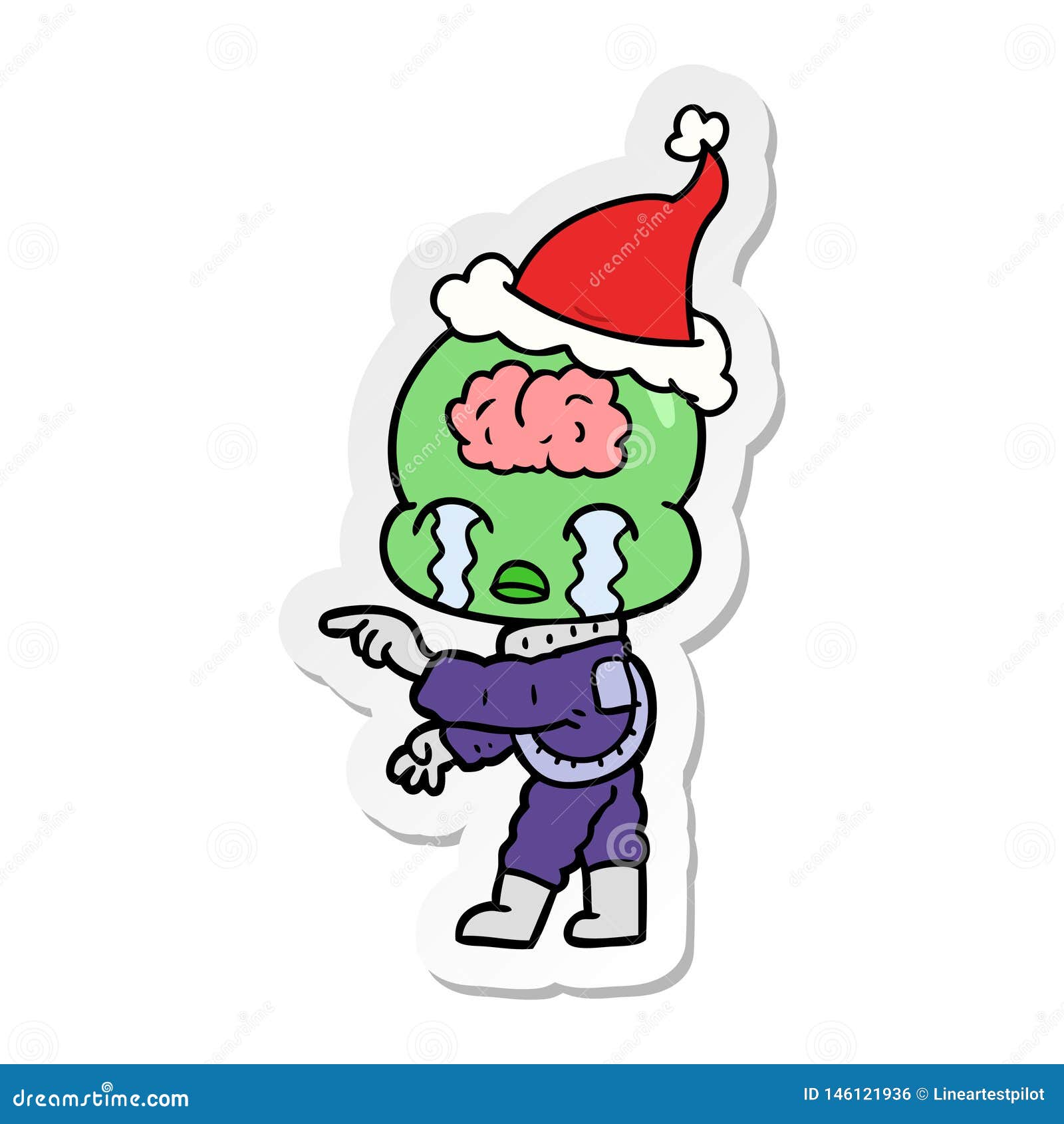 Hand Drawn Sticker Cartoon of a Big Brain Alien Crying and Pointing ...