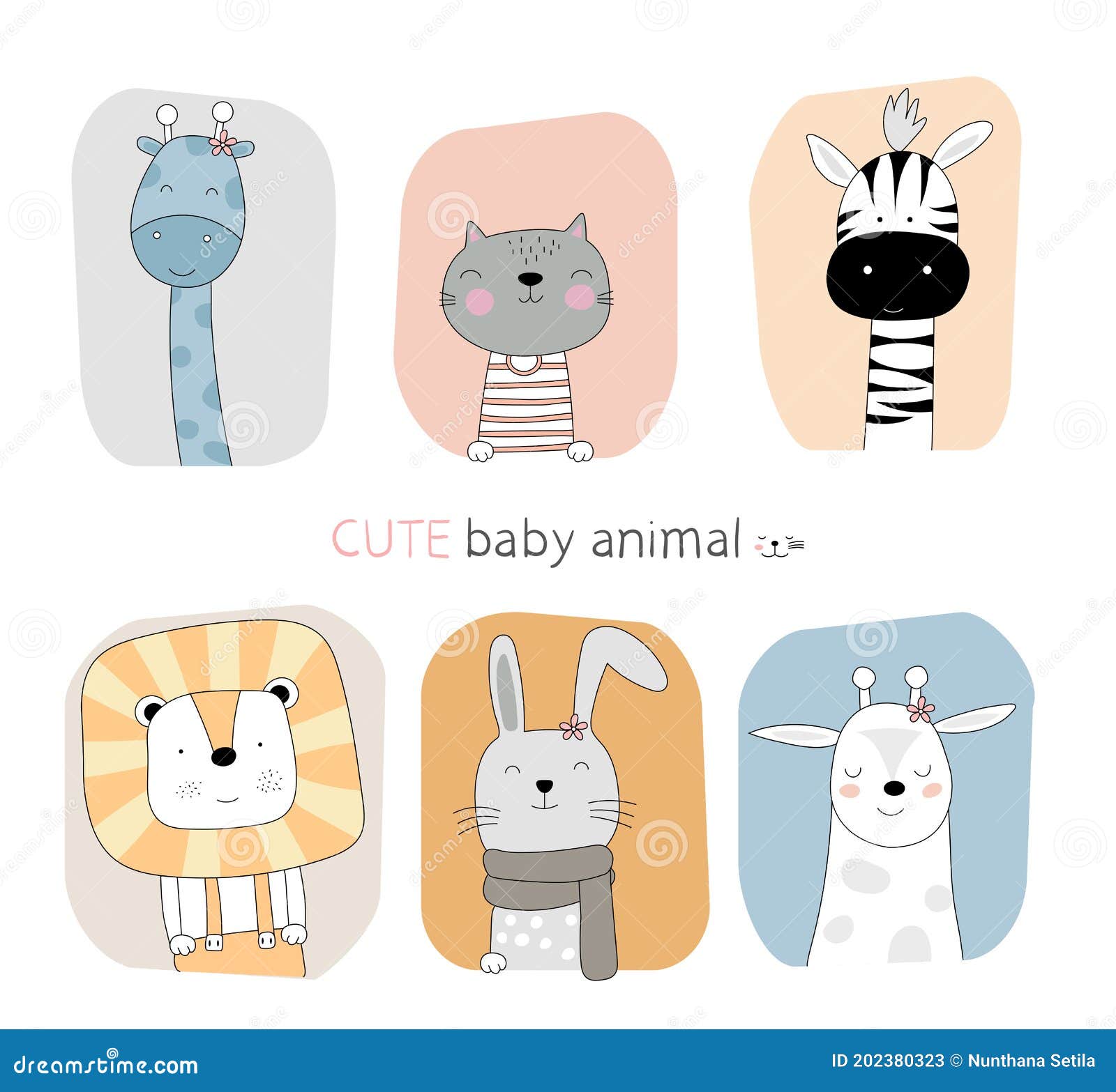 hand drawn style. cartoon sketch the cute posture baby animal with frame color background