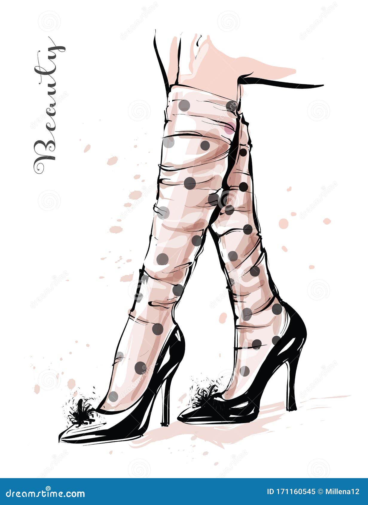 hand drawn stylish female legs shoes woman spotted sheer tulle socks fashion sketch vector illustration 171160545