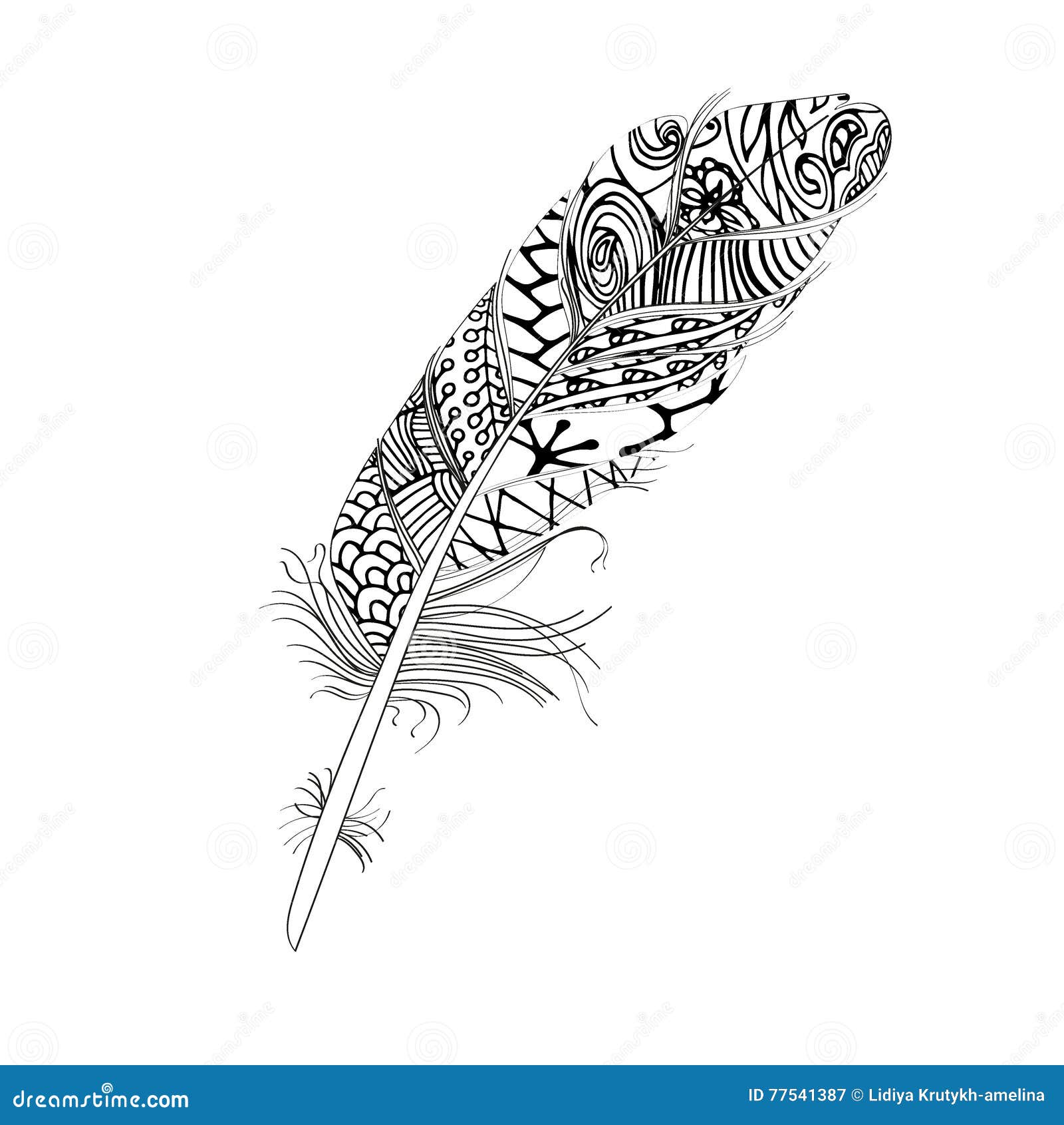 Hand Drawn Stylized Boho Feather and Doodle Tribal Ornamental Black ...