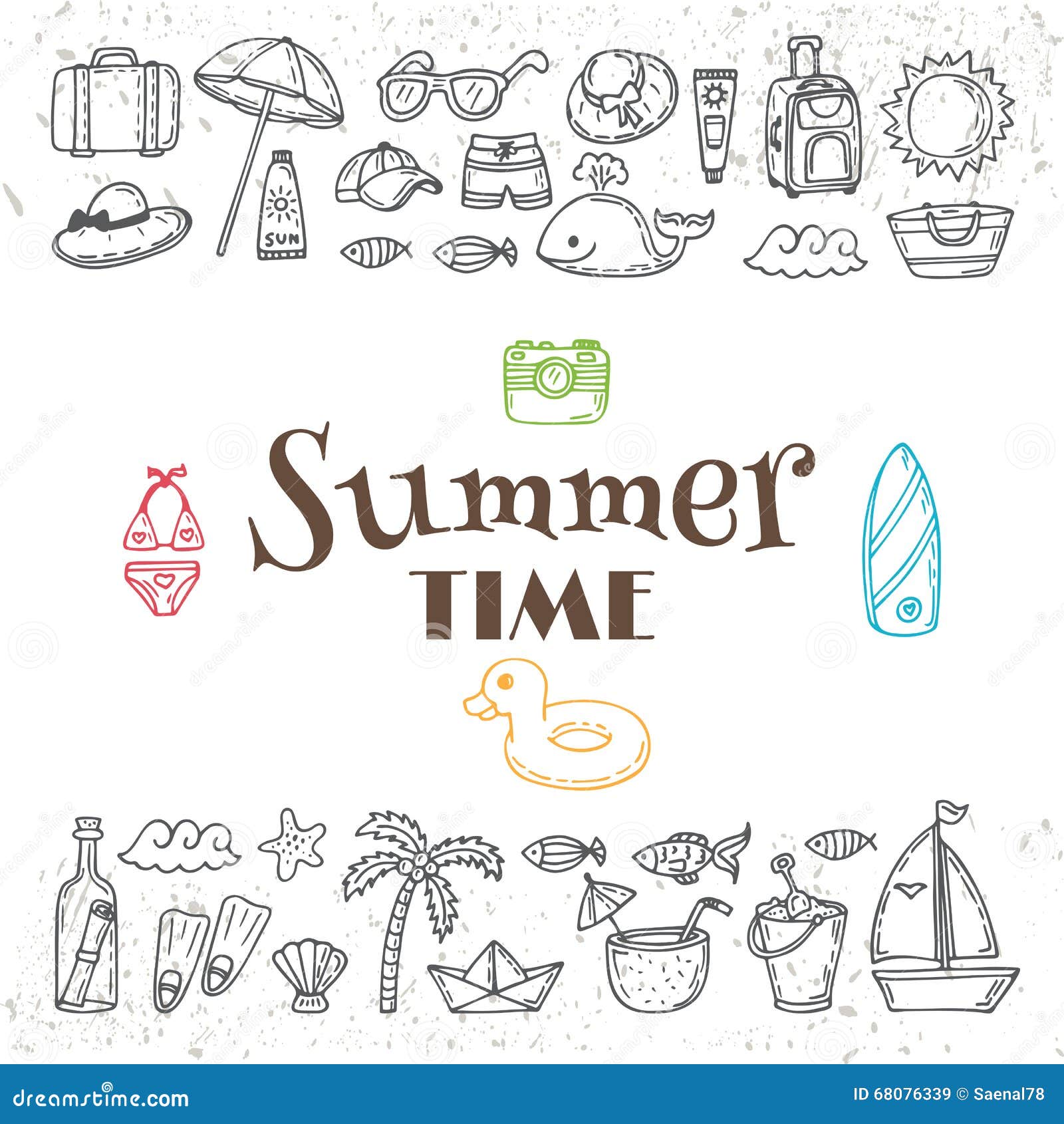 Hand Drawn Summer Time Collection. Beach Theme Doodle Set Stock Vector ...