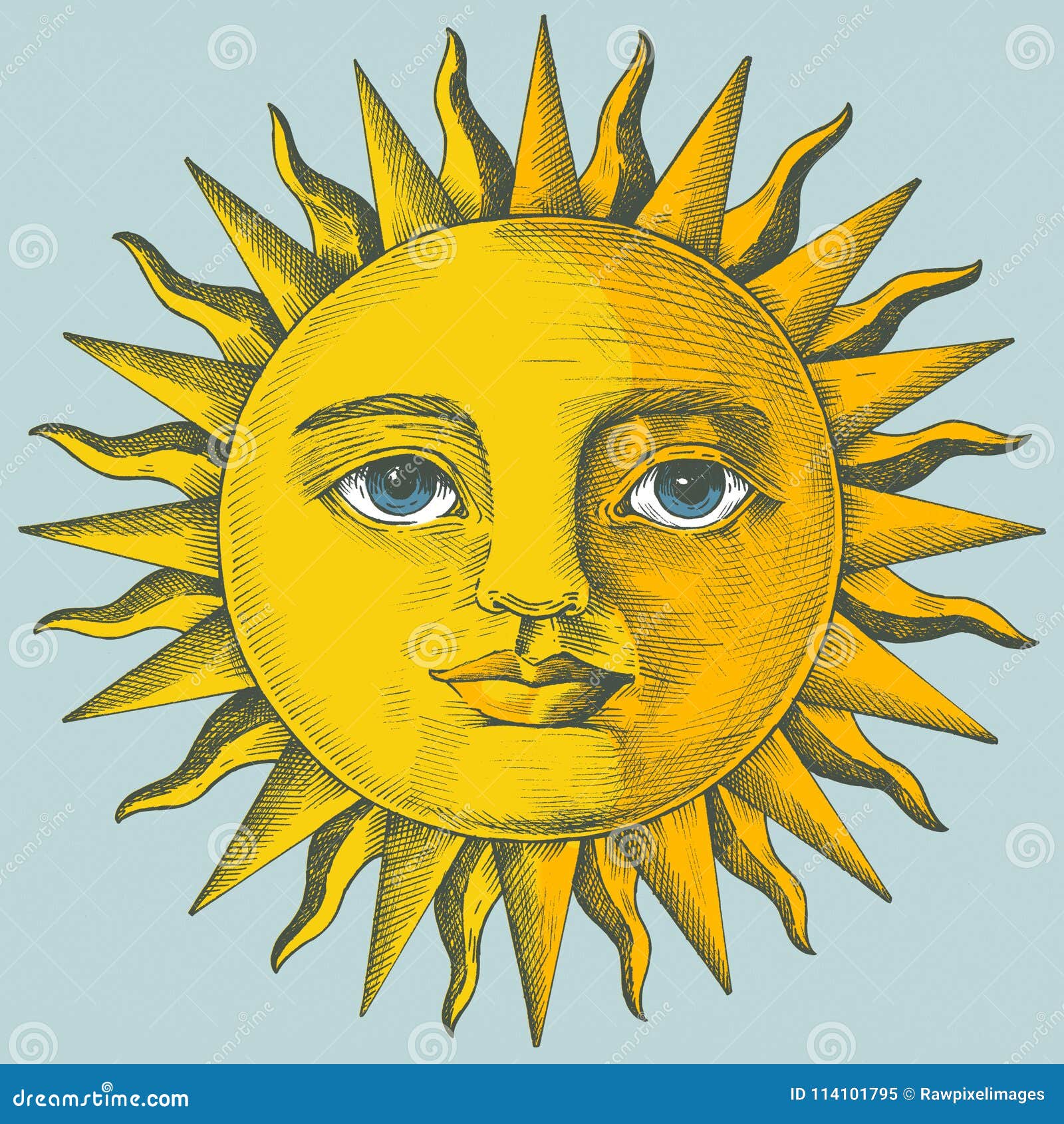 Hand drawn sun with face stock illustration. Illustration of radius