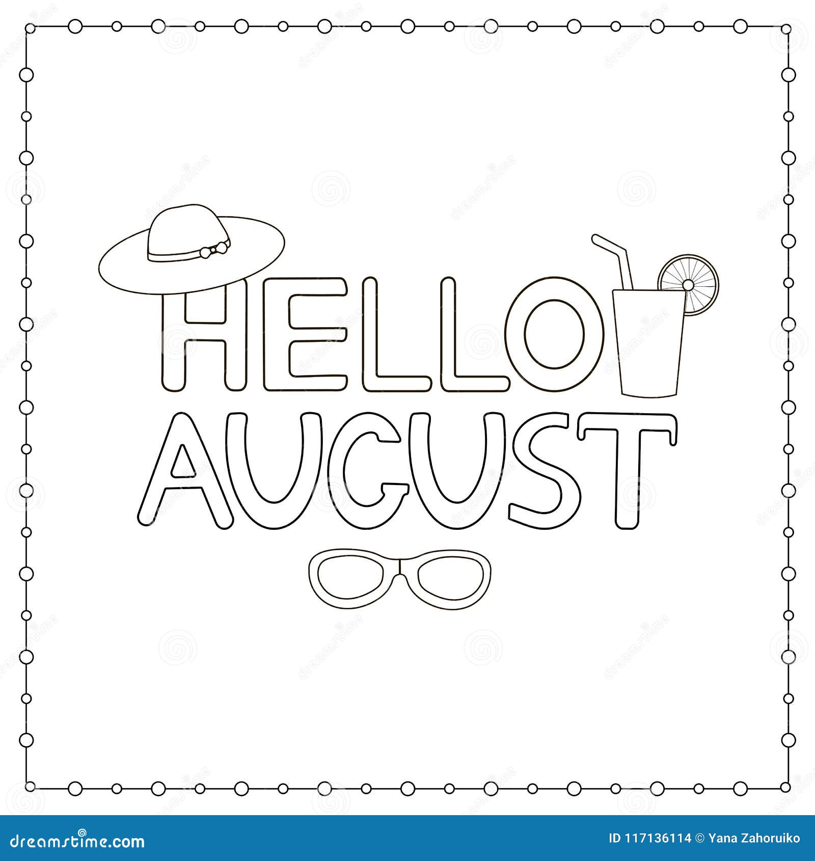 Hand Drawn Text Hello August. Coloring Page. Stock Illustration