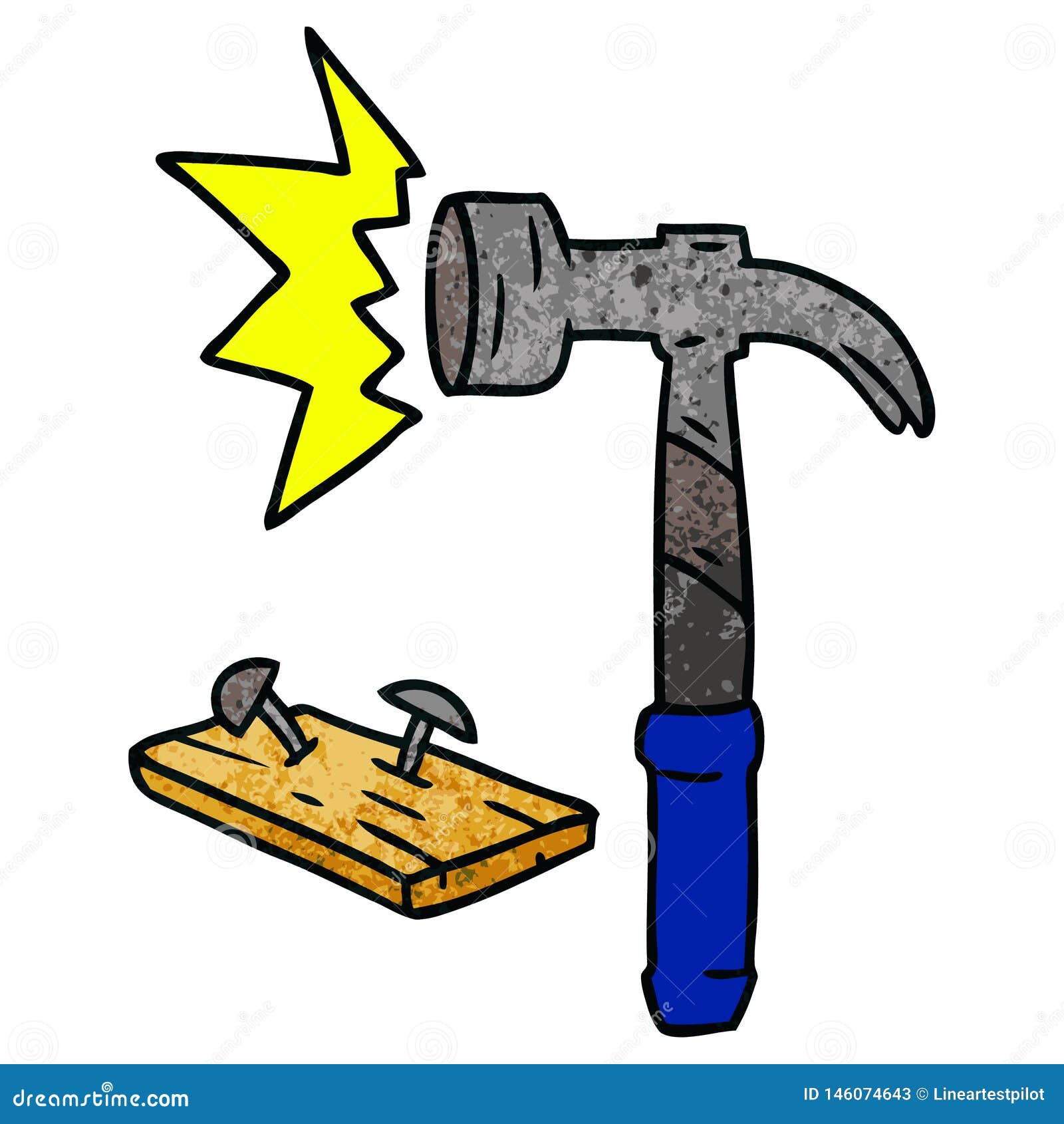 Hand Drawn Textured Cartoon Doodle of a Hammer and Nails Stock Vector