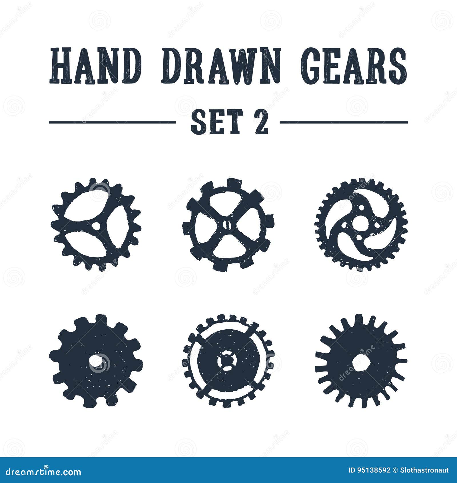 Hand Drawn Textured Gears Icons Set. Stock Vector - Illustration of