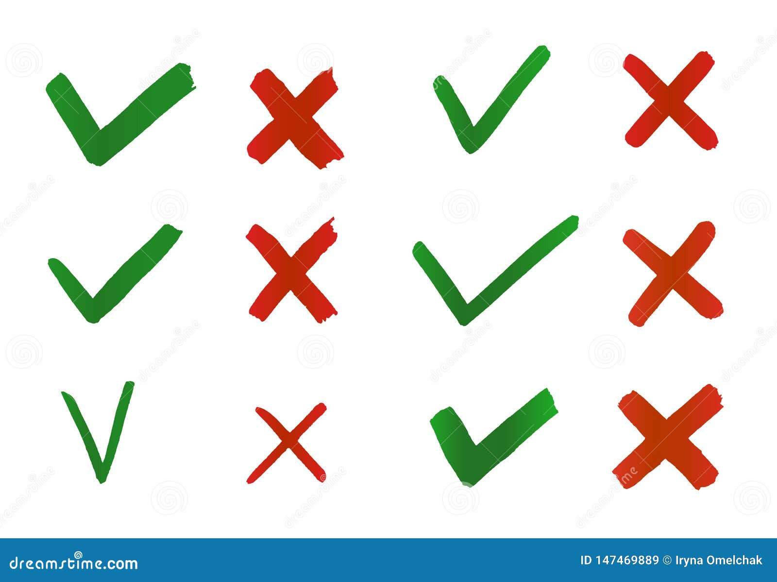 hand drawn tick and cross. check marks indication for concept yes and no.