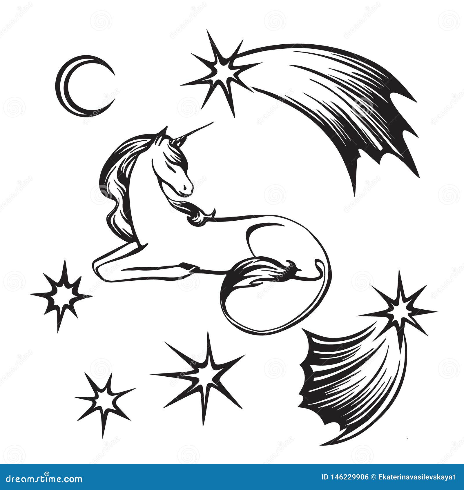 Hand drawn unicorn, ribbons and flowers outline sketch. vector • wall  stickers card, logo, sketch | myloview.com