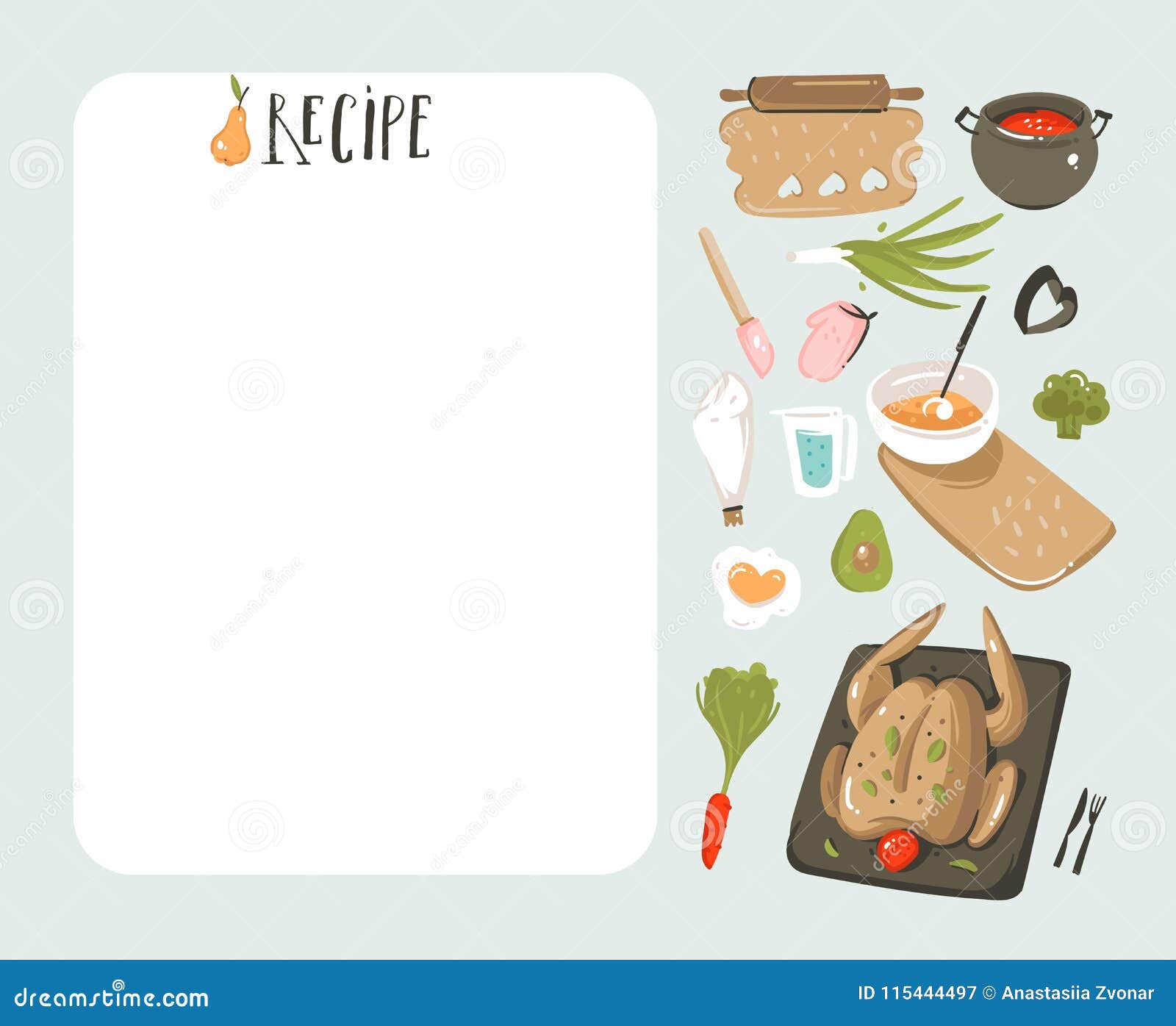Hand Drawn Vector Abstract Modern Cartoon Cooking Studio Illustrations  Recipe Card Planner Templete with Food Icons Stock Vector - Illustration of  cook, drawn: 115444497