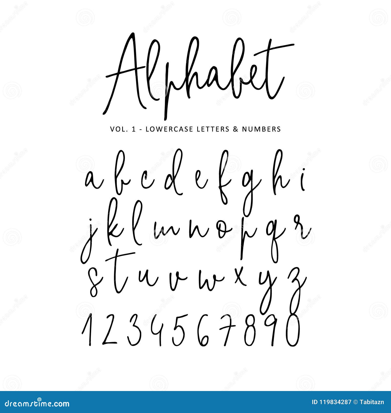 hand drawn  alphabet. modern monoline signature script font.  lower case letters and numbers written with