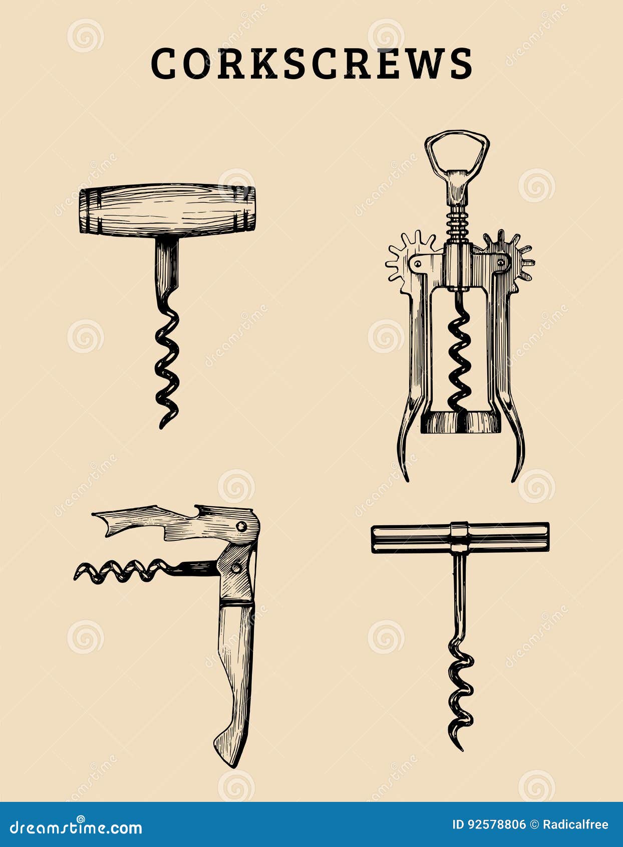 Hand drawn vector corkscrews set. Retro illustrations collection of different spins in sketch style.