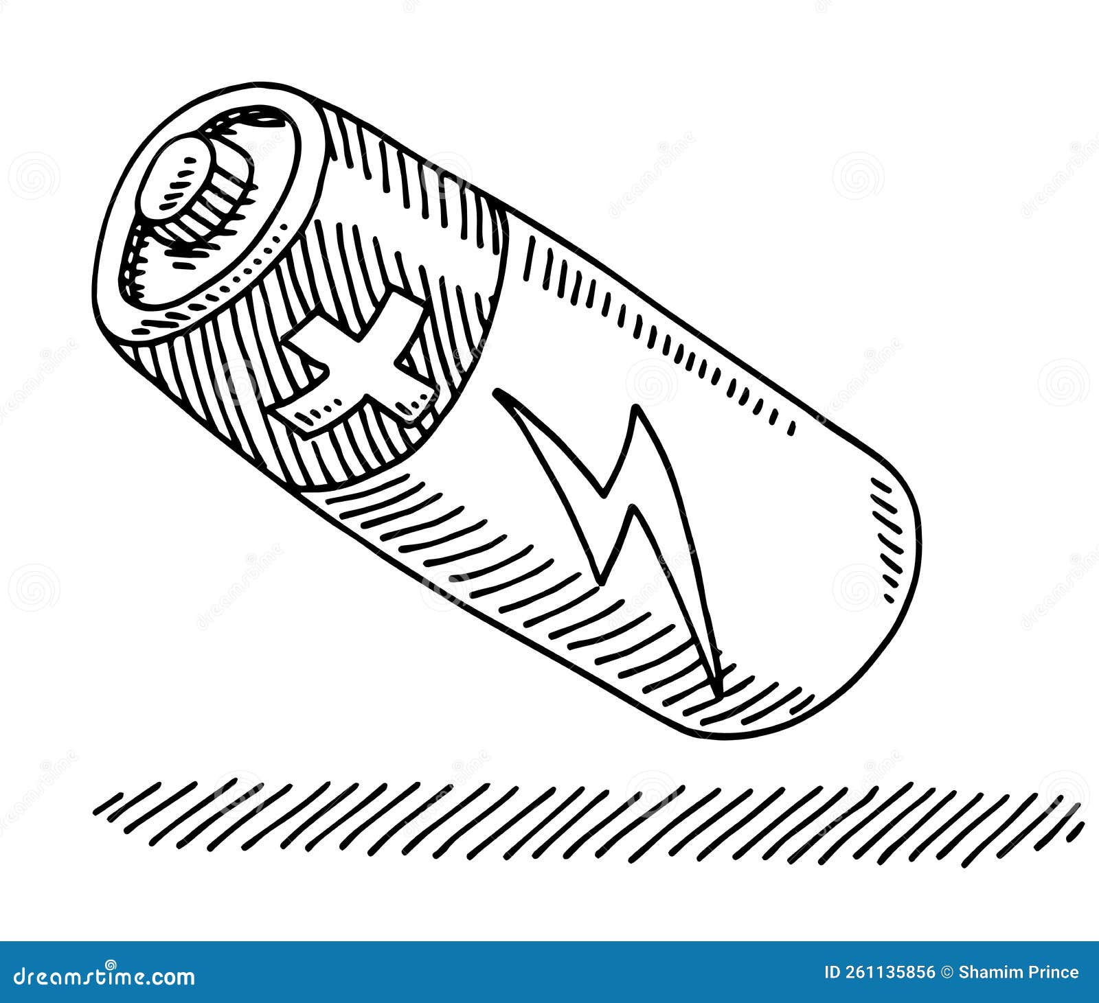 Handdrawn Vector Drawing of a Battery with a Flash Symbol. Blackand