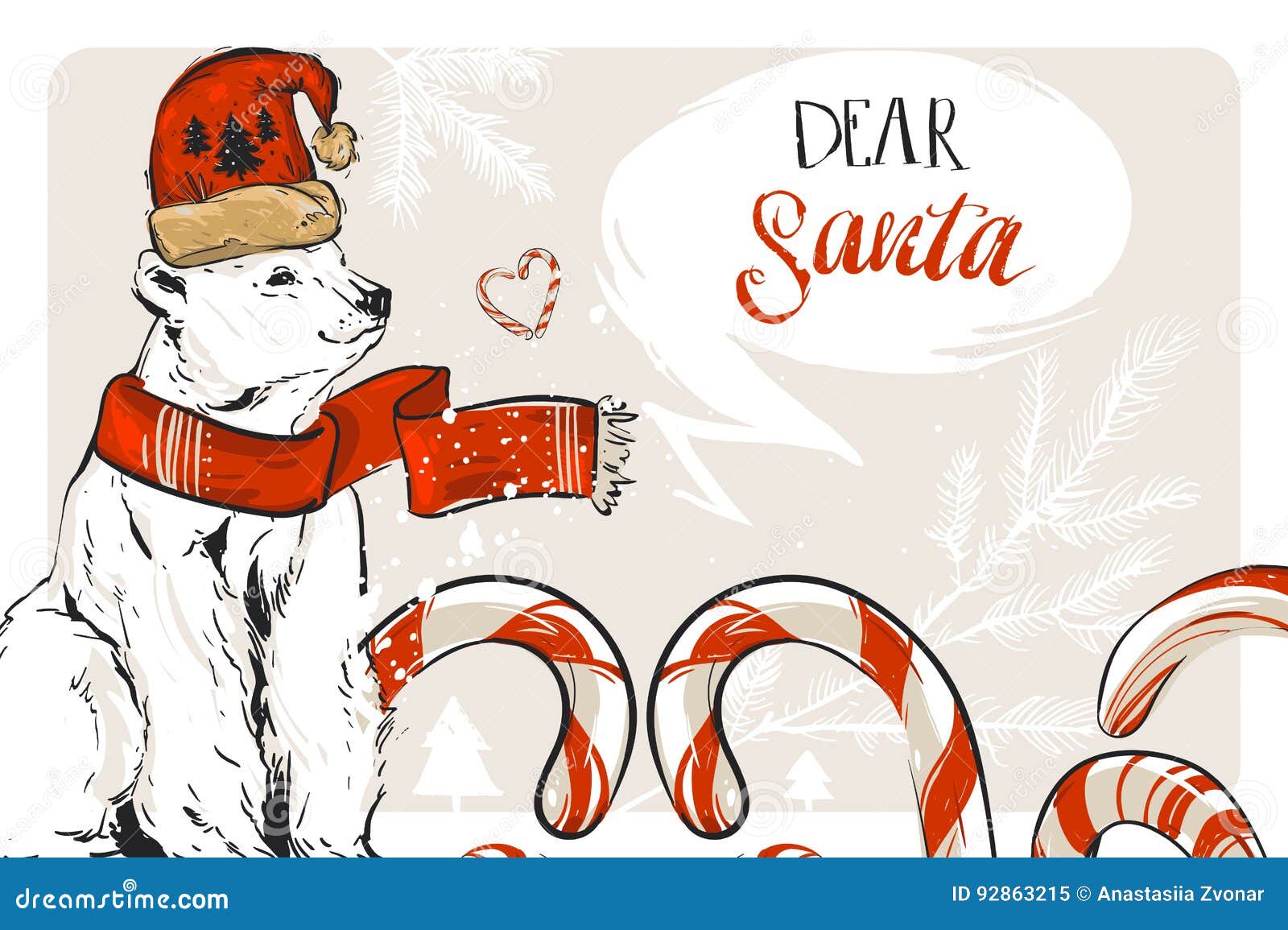 hand drawn vector graphic merry christmas save date greeting decoration card candy canes north polar bear handwritten 92863215