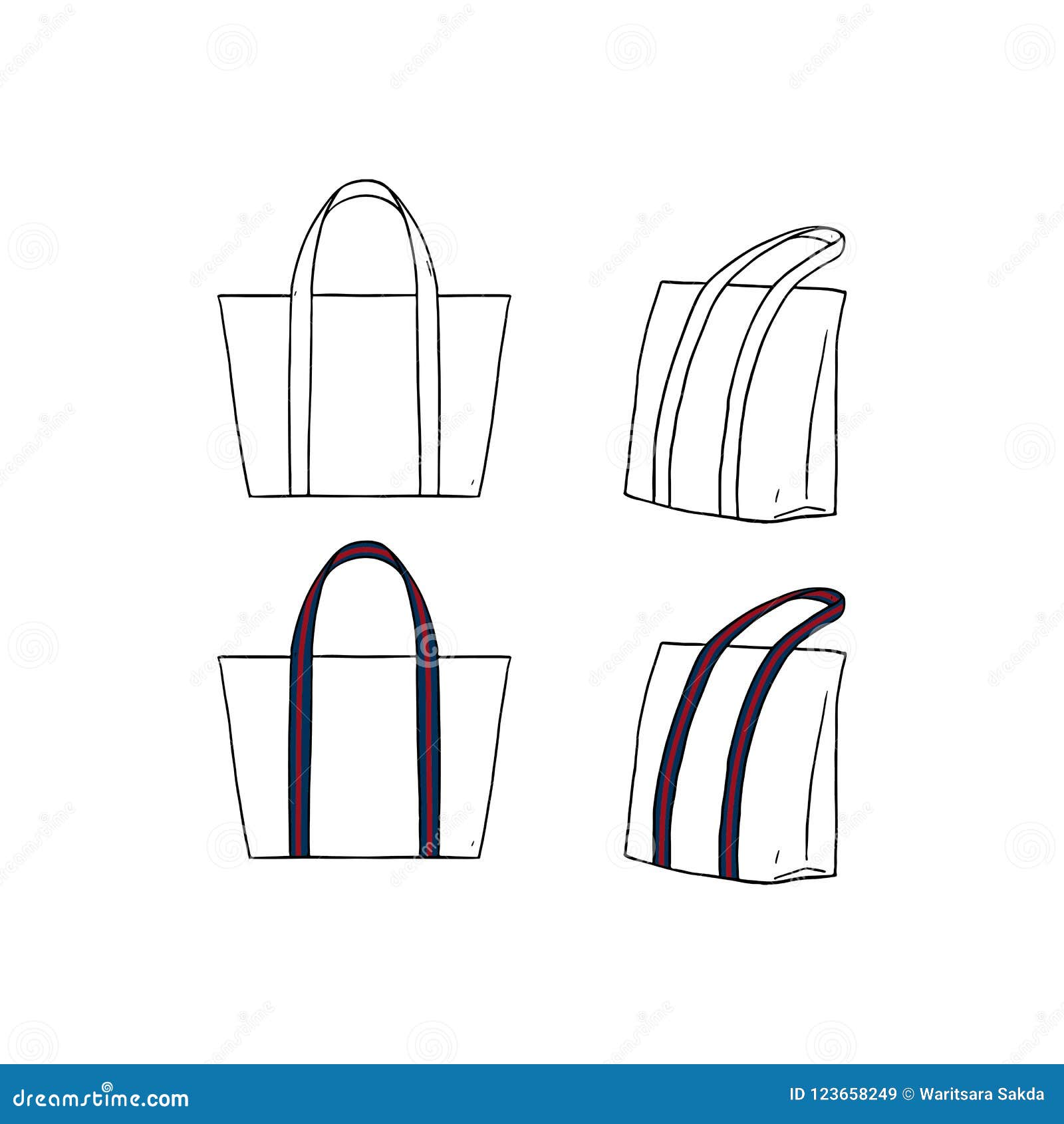 Hand Drawn Vector Illustration of Blank White with Stripe Straps Tote ...