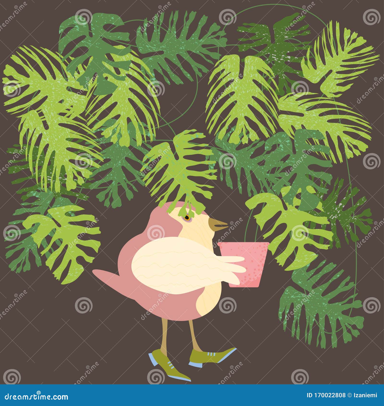 Bird Holding A Flowerpot With A Huge Minstera Plant Stock Vector Illustration Of Cartoon Animals