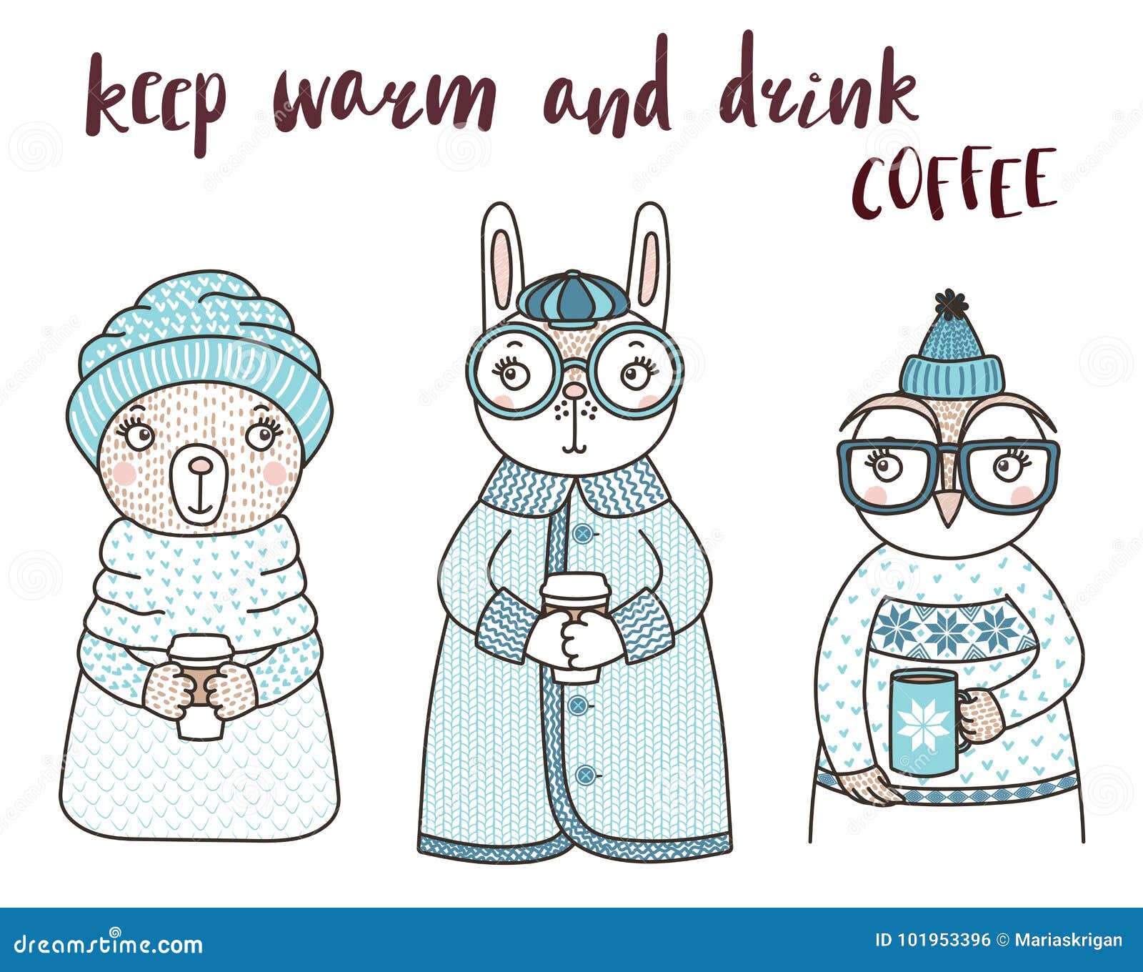 https://thumbs.dreamstime.com/z/hand-drawn-vector-illustration-cute-funny-rabbit-owl-bear-knitted-sweaters-holding-cups-text-keep-warm-drink-coffee-101953396.jpg
