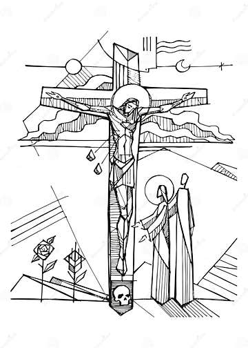 Hand Drawn Illustration of the Crucifixion of Jesus Stock Vector ...