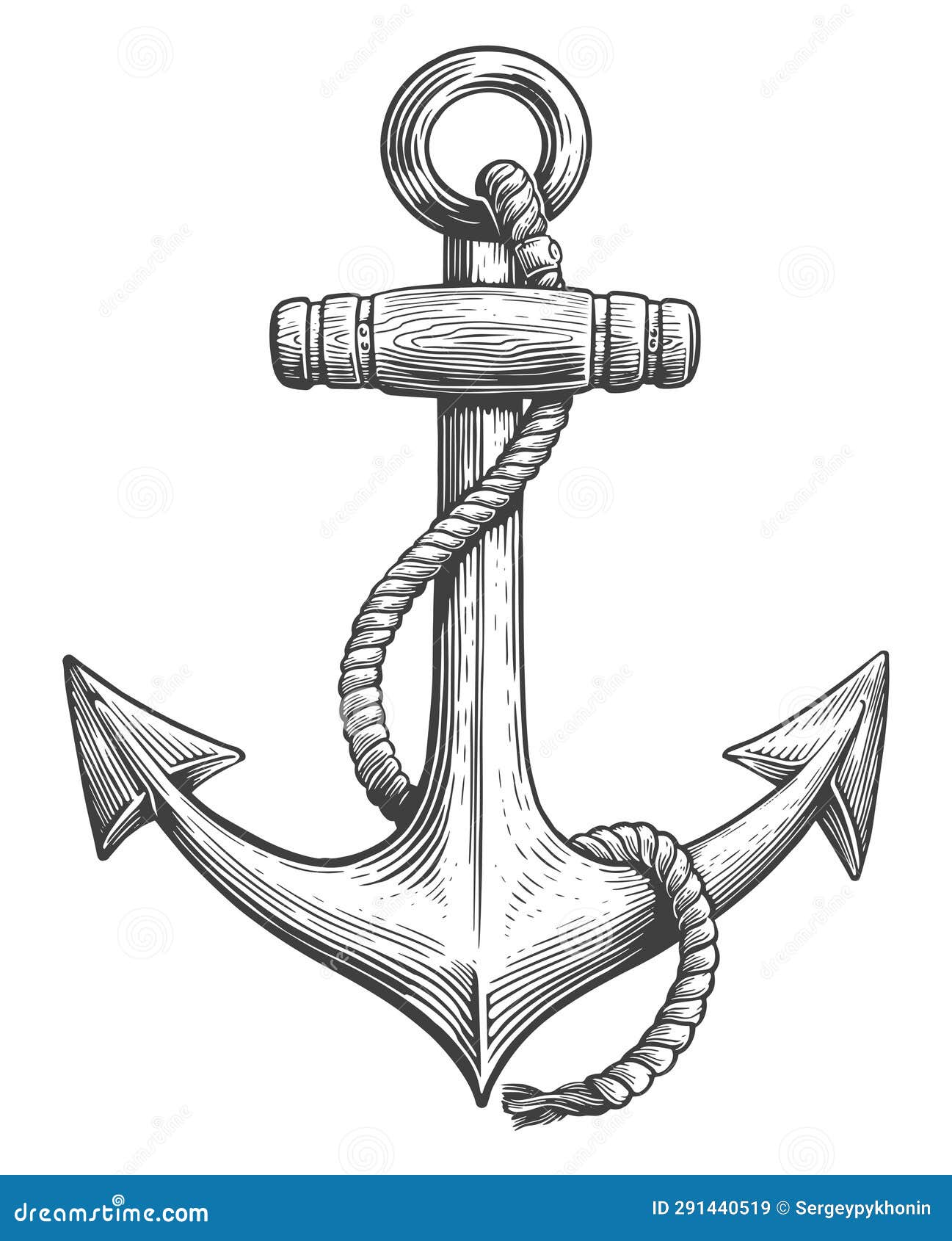 Vintage Sea Anchor with a Rope. Hand Drawn Vector Illustration in ...