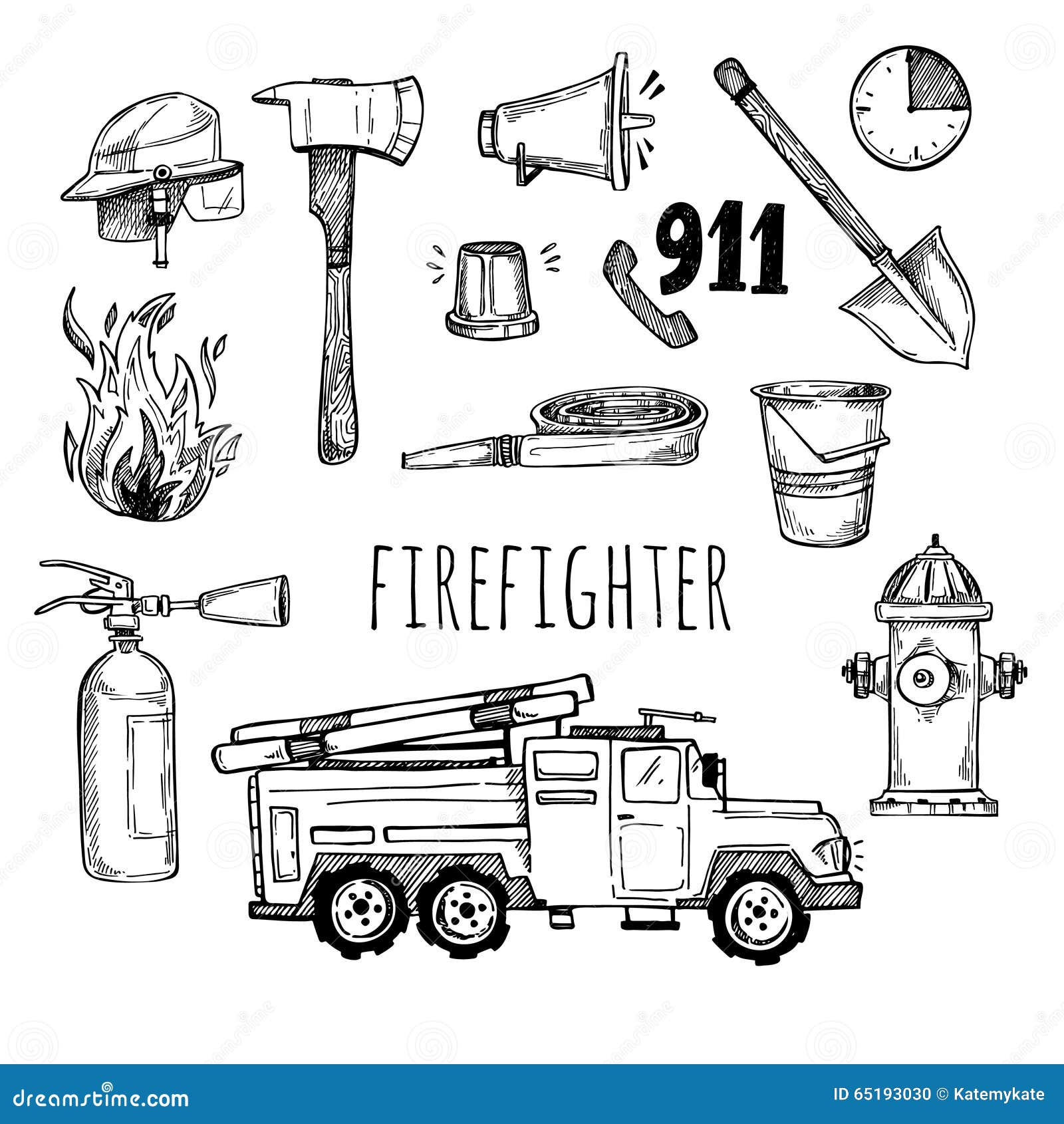 Hand Drawn Vector Illustration Firefighter. Sketch Icons Stock Vector