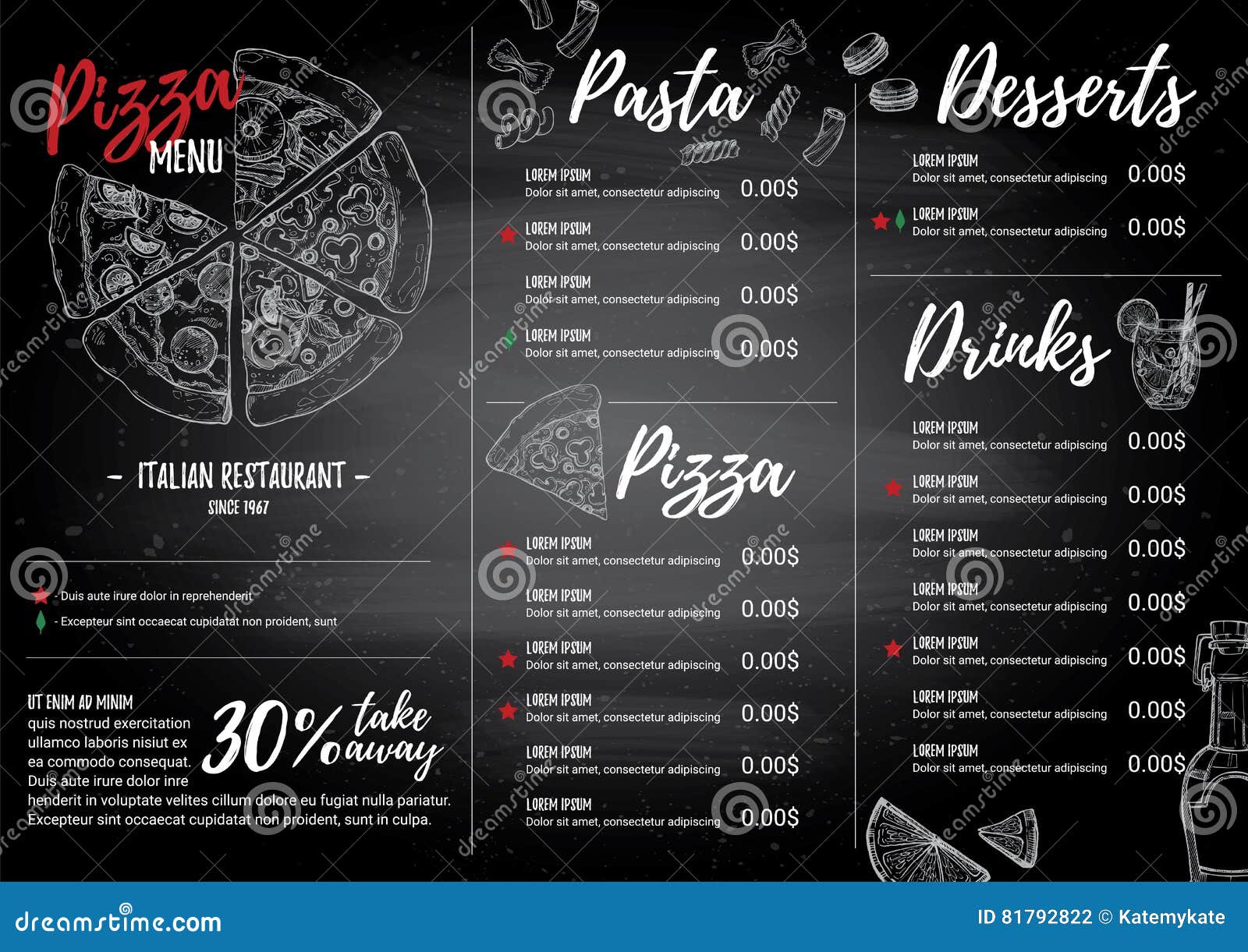 hand drawn   - italian menu. pasta and pizza.