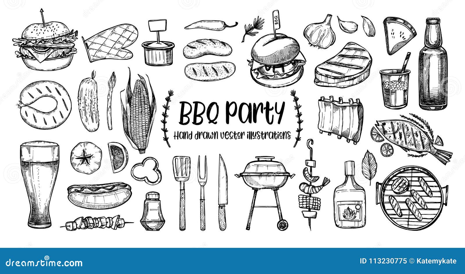 hand drawn  s. bbq collection. barbeque 