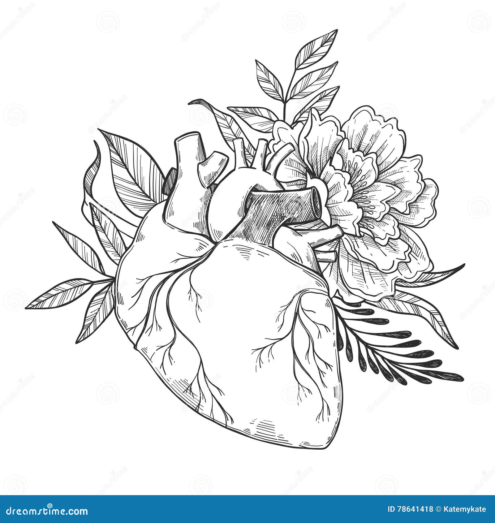 hand drawn  s - human heart with flowers