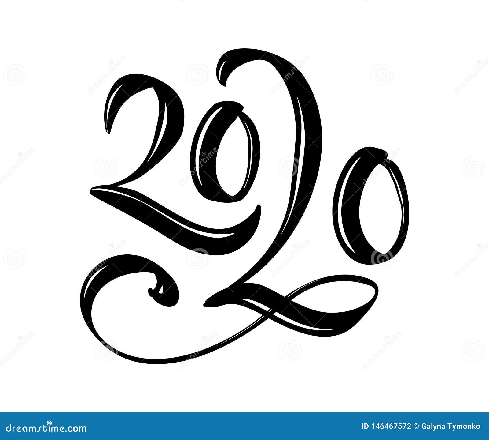 Hand Drawn Vector Lettering Calligraphy Black Number Text 2020. Happy New Year Greeting Card ...