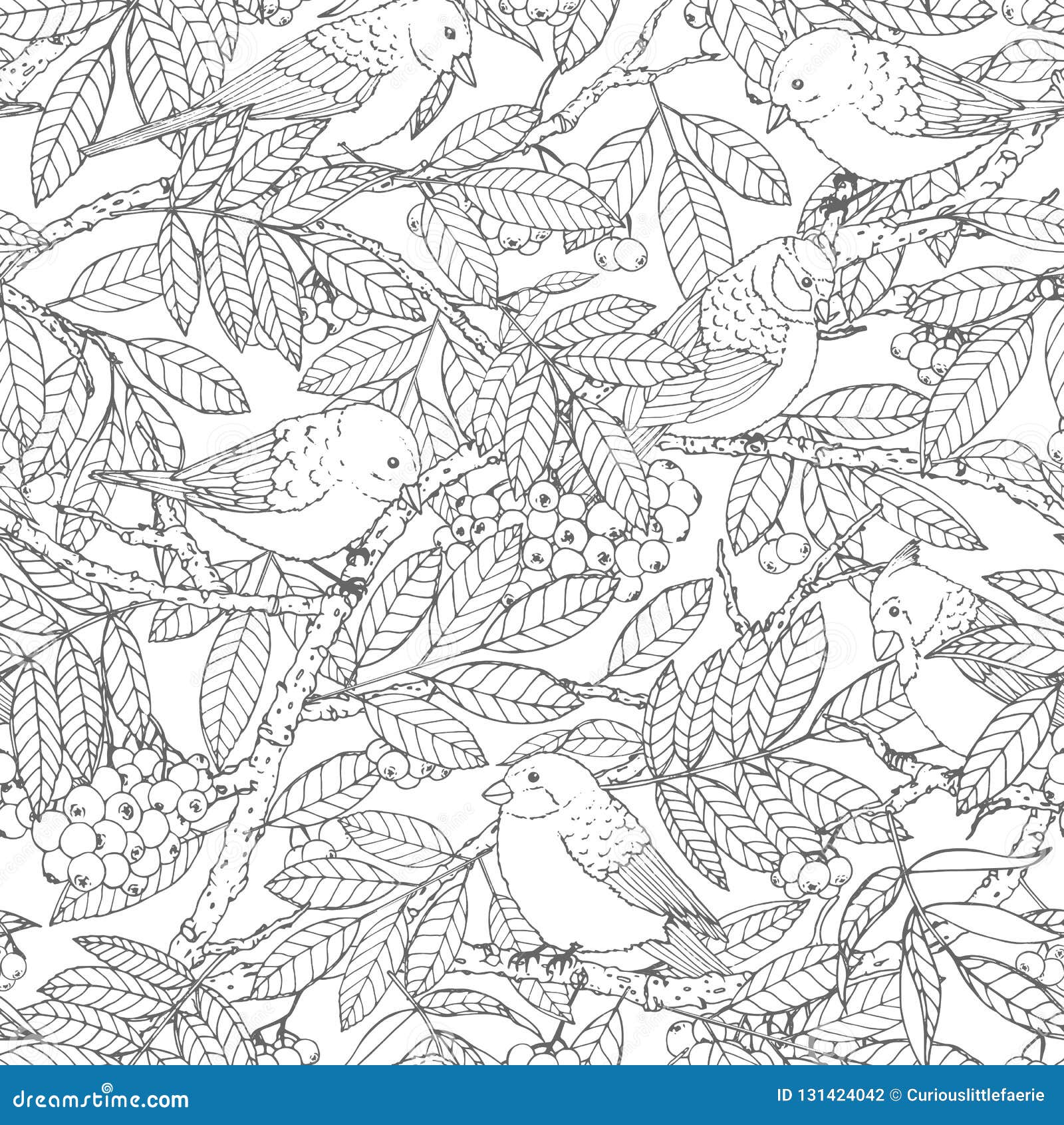 hand drawn  seamless pattern with birds, branches, leaves and rowanberry outline on white background. for coloring book