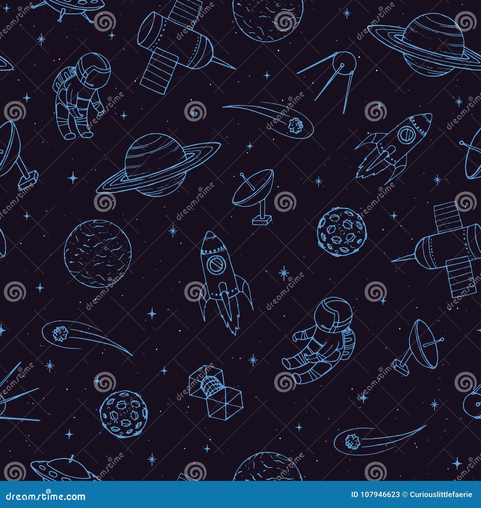 hand drawn  seamless pattern with cosmonauts, satelites, rockets, planets, moon, falling stars and ufo.