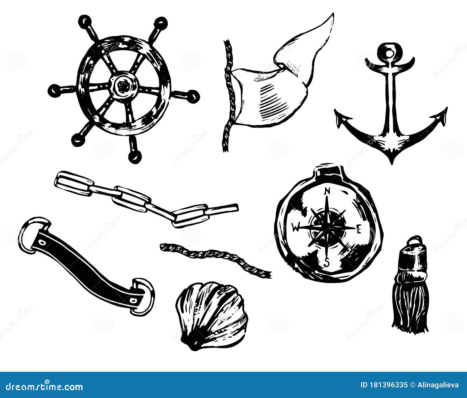 Hand Drawn Vector Set with Anchors, Compass, Chains, Rope, Seashells