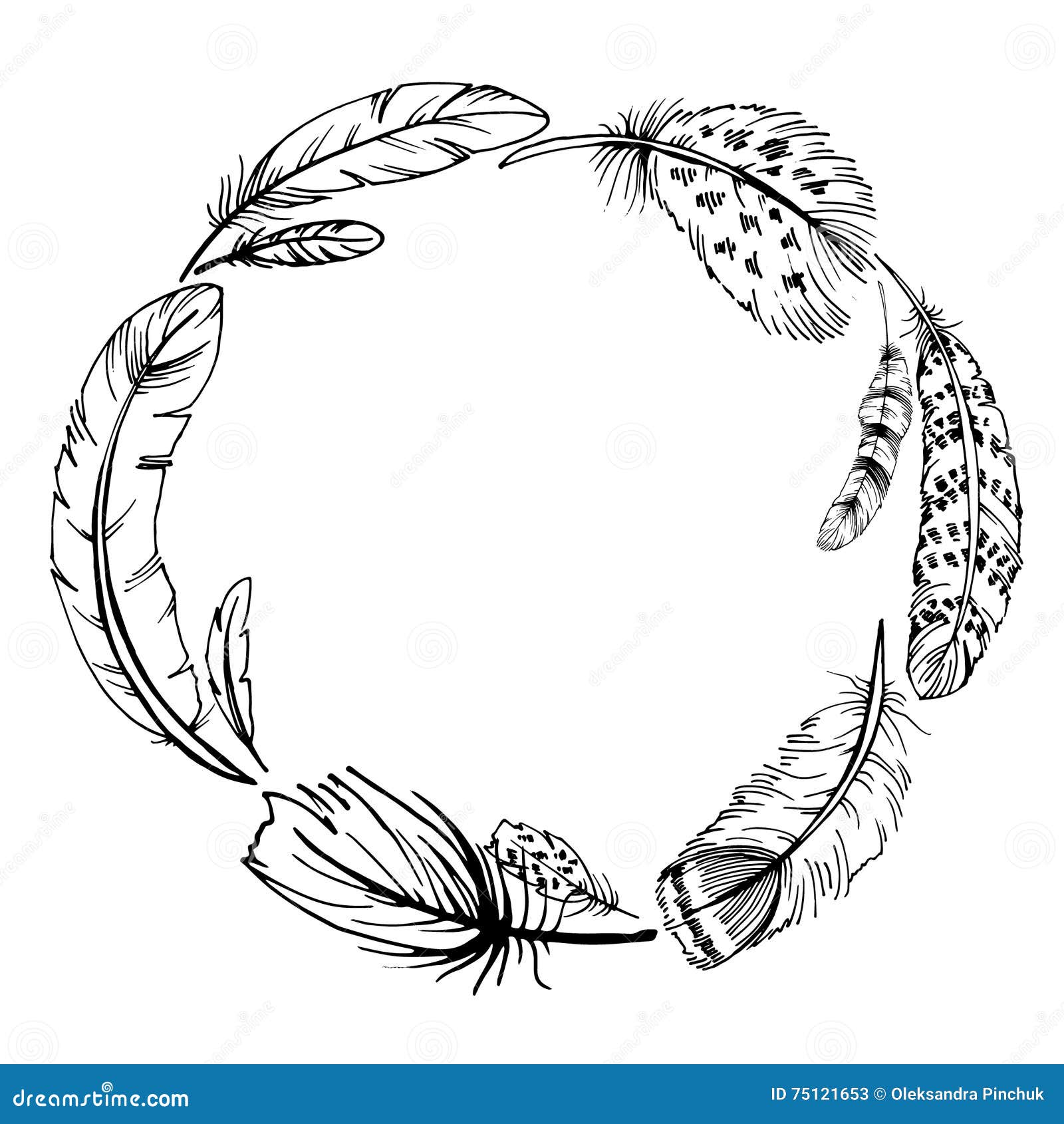 Download Vintage Decorative Feather Wreath Ink Drawing. Stock ...