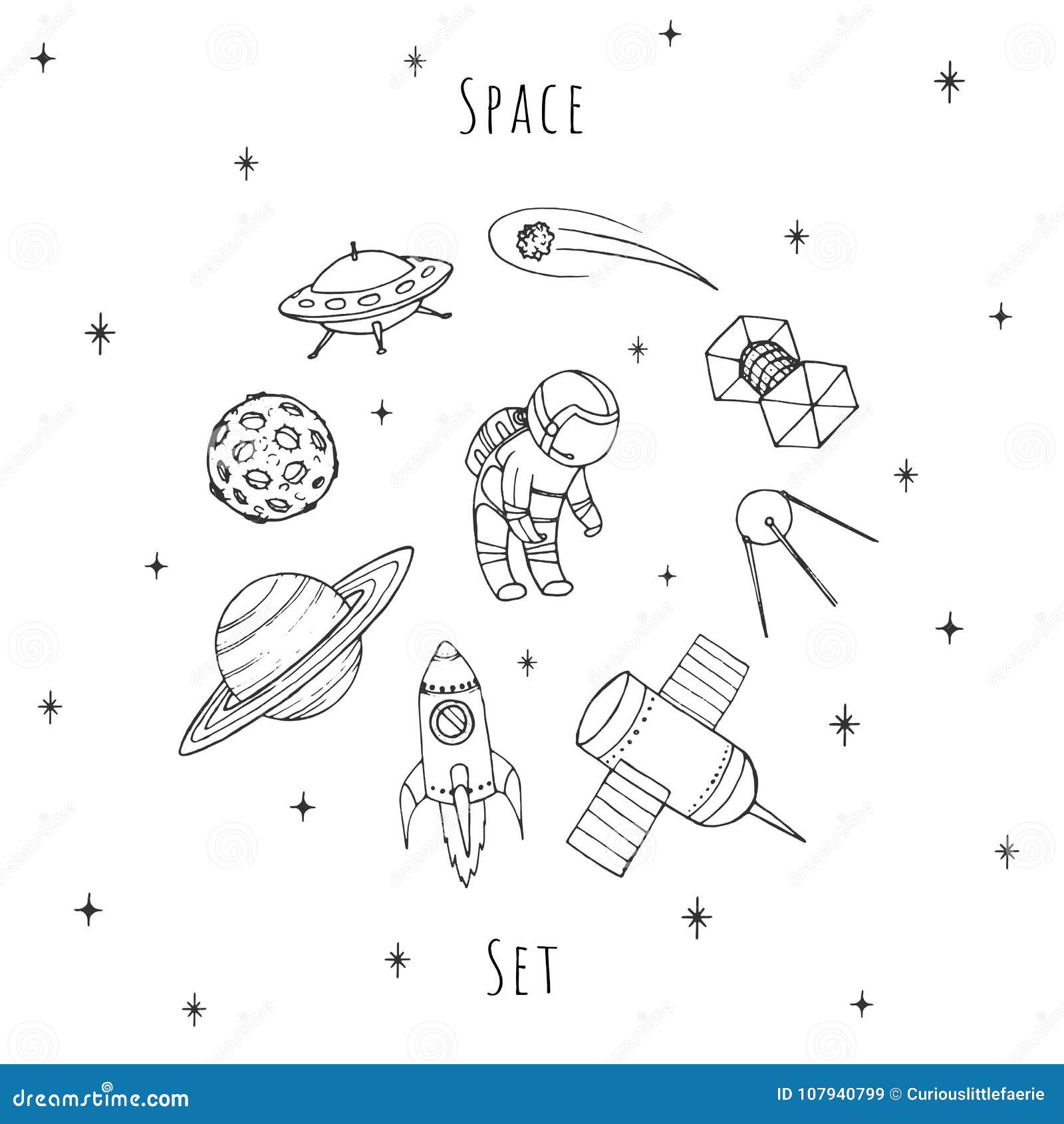 hand drawn  space s: cosmonaut, satelites, rocket, planet, moon, falling star and ufo.