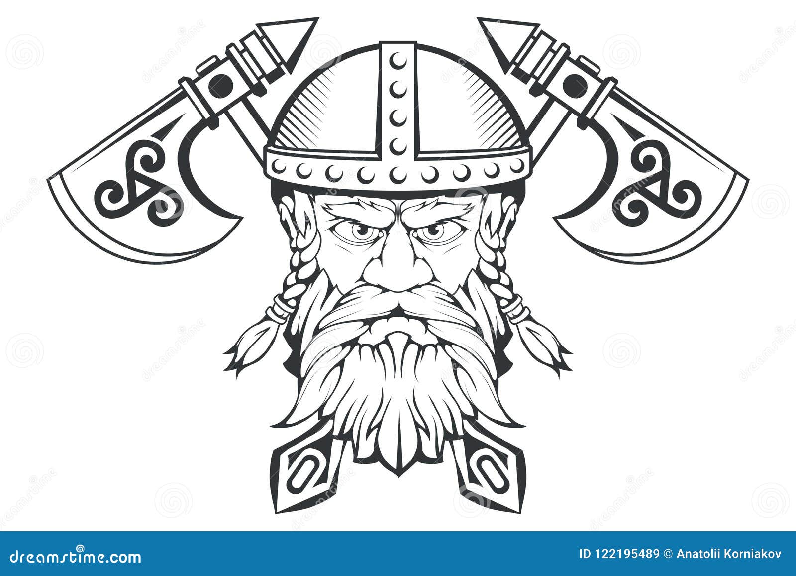 Hand Drawn Of A Viking In A Helmet. Scandinavian Traditional Weapons.  Cartoon Bearded Man Character. Viking Tattoo. Traditional Illustration  122195489 - Megapixl