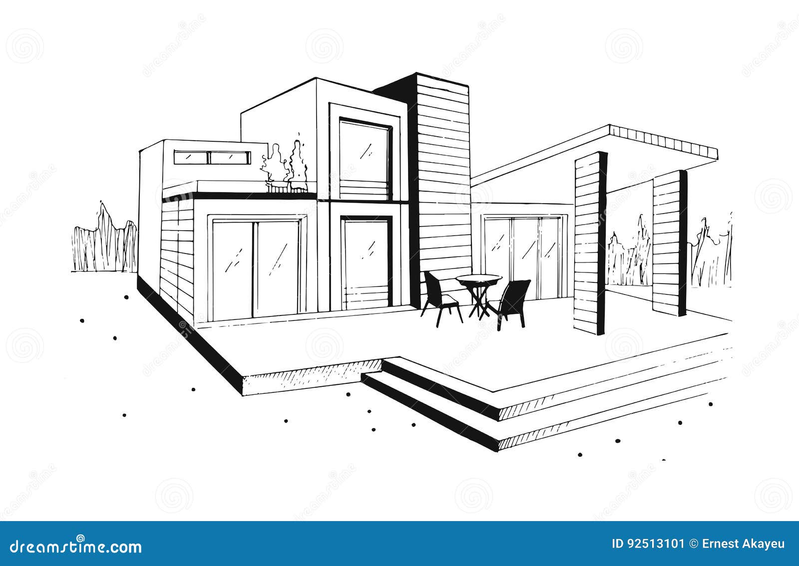 Hand Drawn Villa Modern Private Residential House  Black 