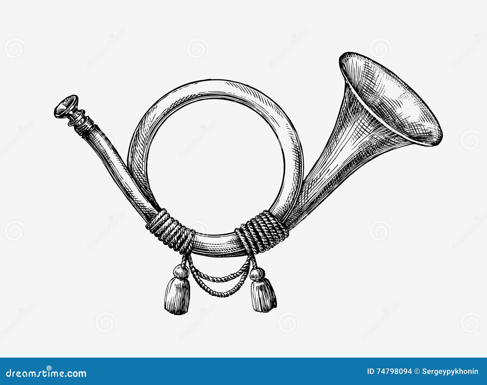 hand drawn vintage hunting horn. sketch post .  