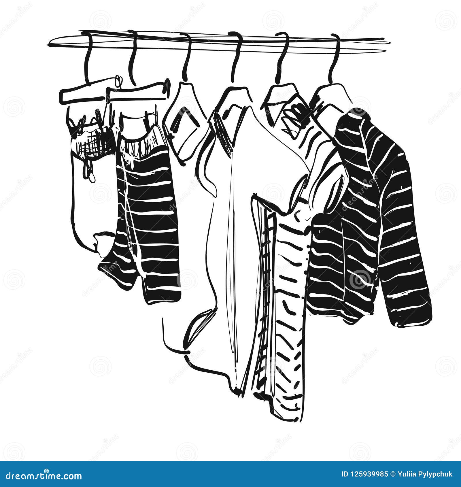Hand Drawn Wardrobe Sketch. Baby Clothes on Hungers Stock Vector