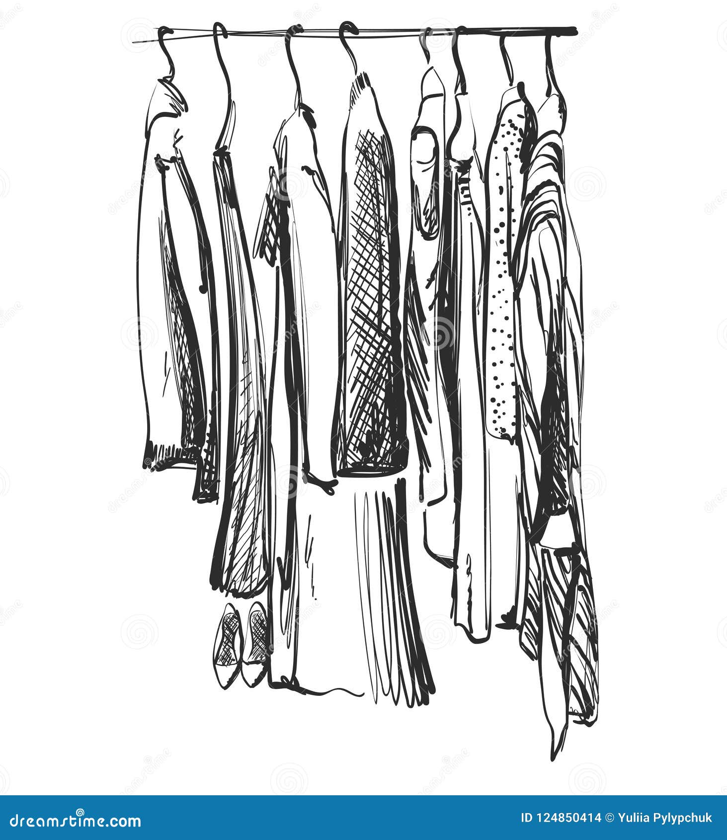 Hand drawn wardrobe sketch clothes on the hunger Vector Image