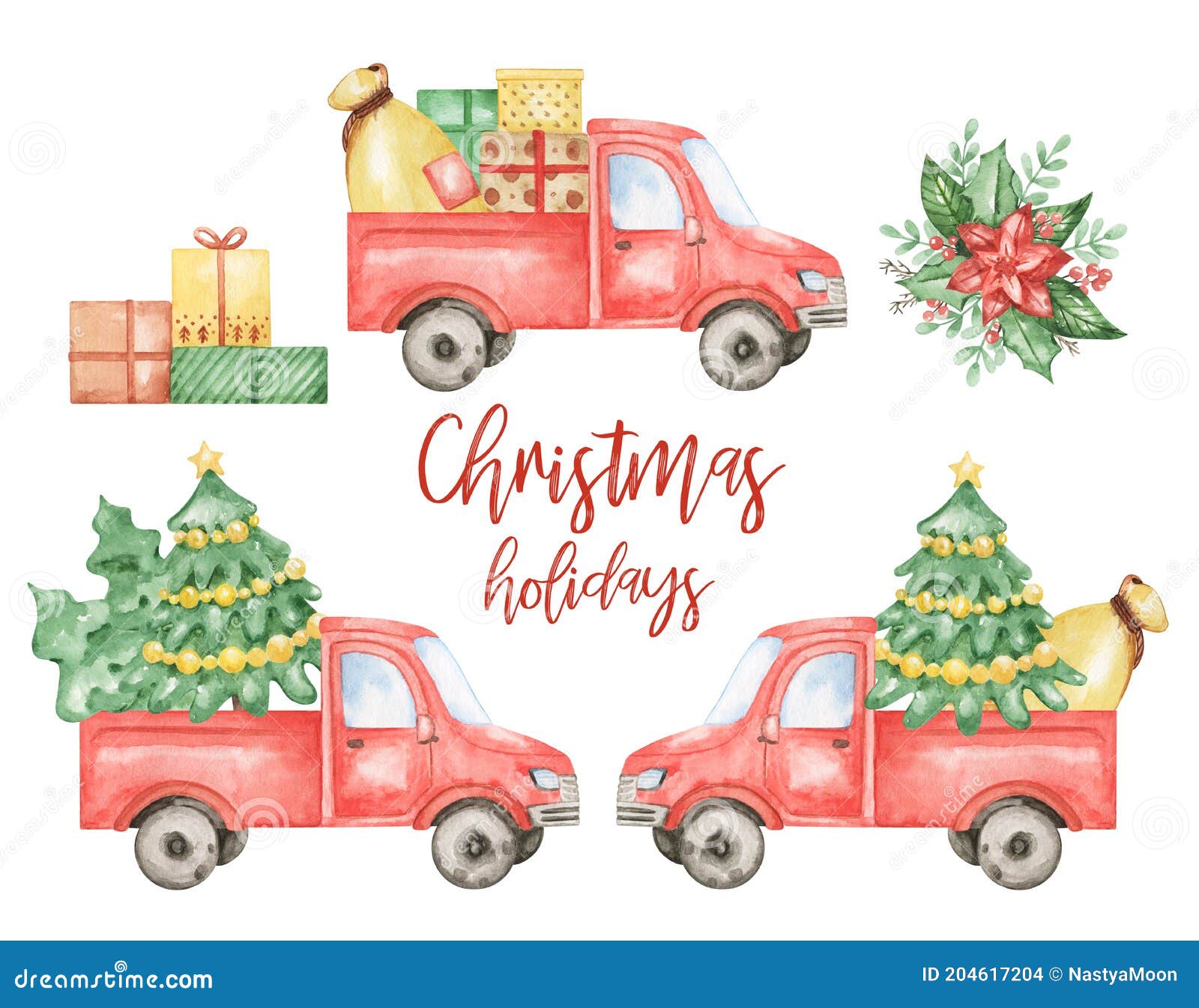 Download Watercolor Christmas Retro Trucks Clipart Hand Drawn Illustration Isolated New Year Watercolor Set Christmas Cars Poinsettia Stock Photo Image Of Green Card 204617204