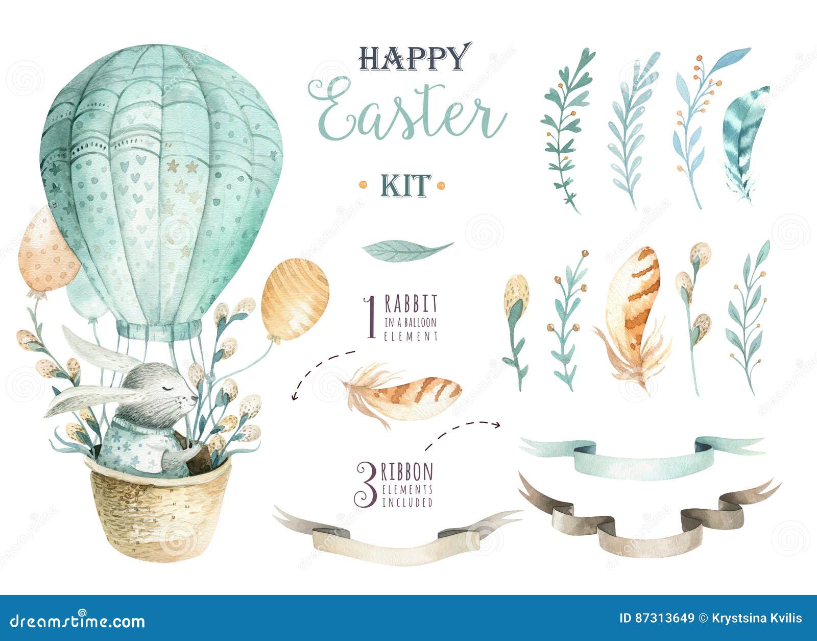 hand drawn watercolor happy easter set with bunnies .rabb