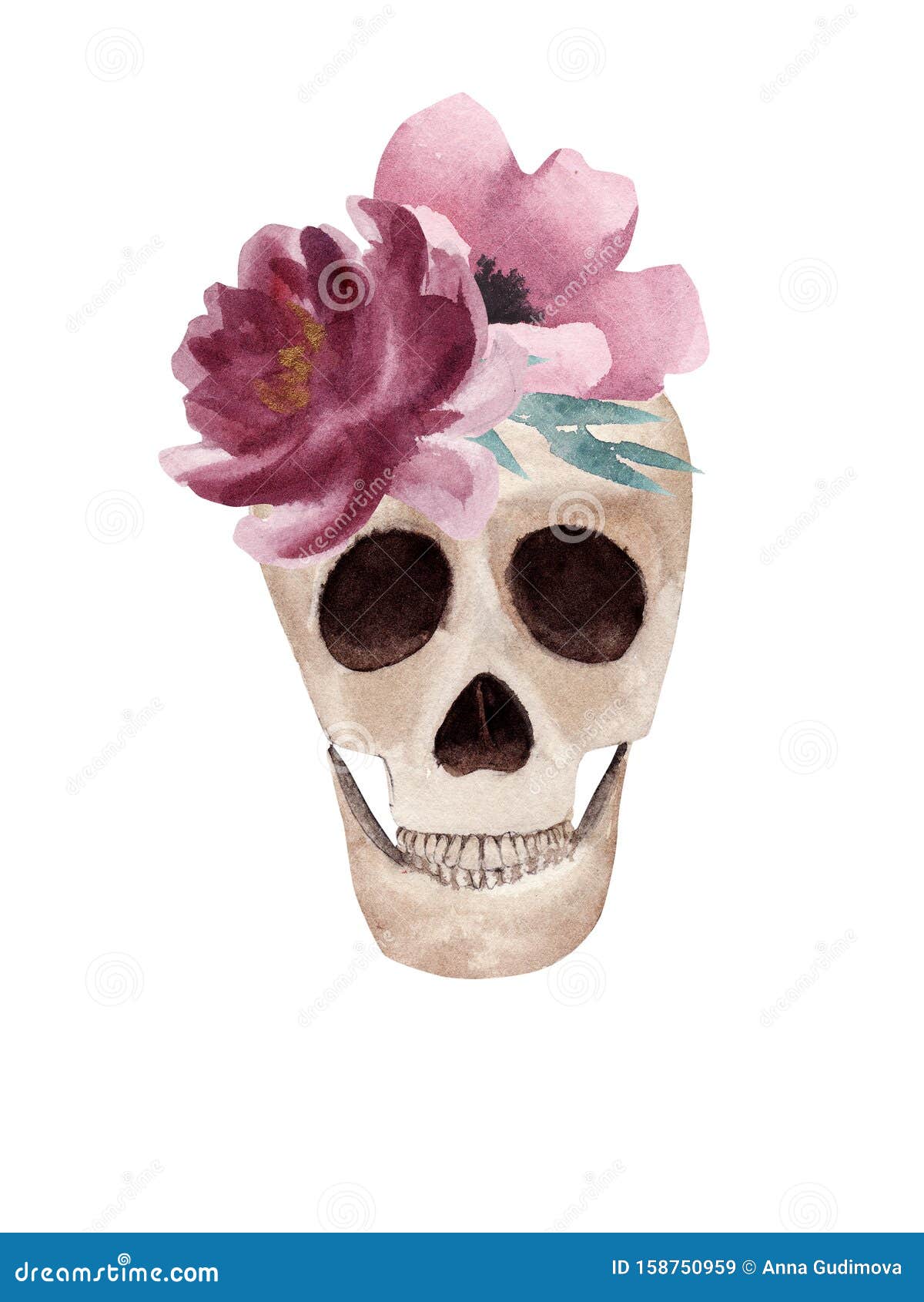 Hand Drawn Watercolor Human Skull with Flower. Halloween Boho Style ...