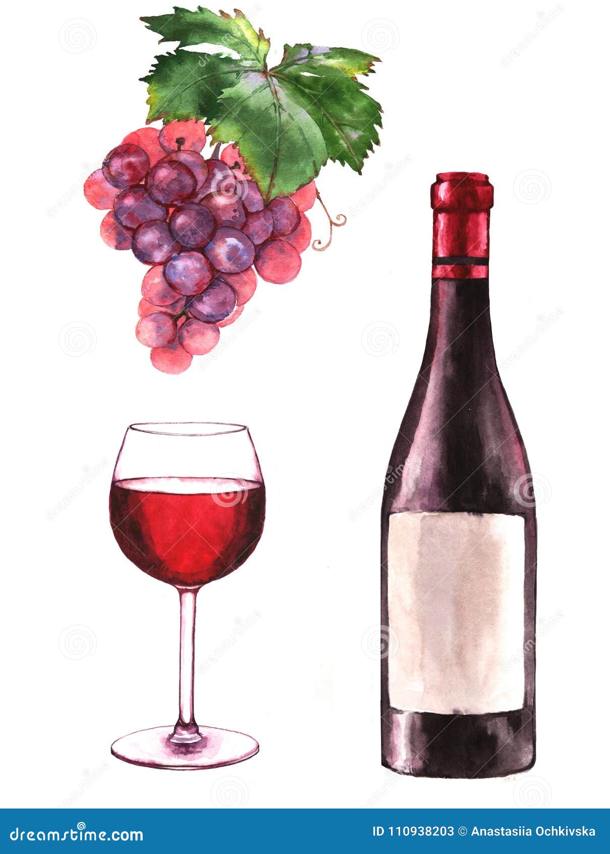 Hand-drawn Watercolor Illustration of the Wine Bottle, Grape and One ...