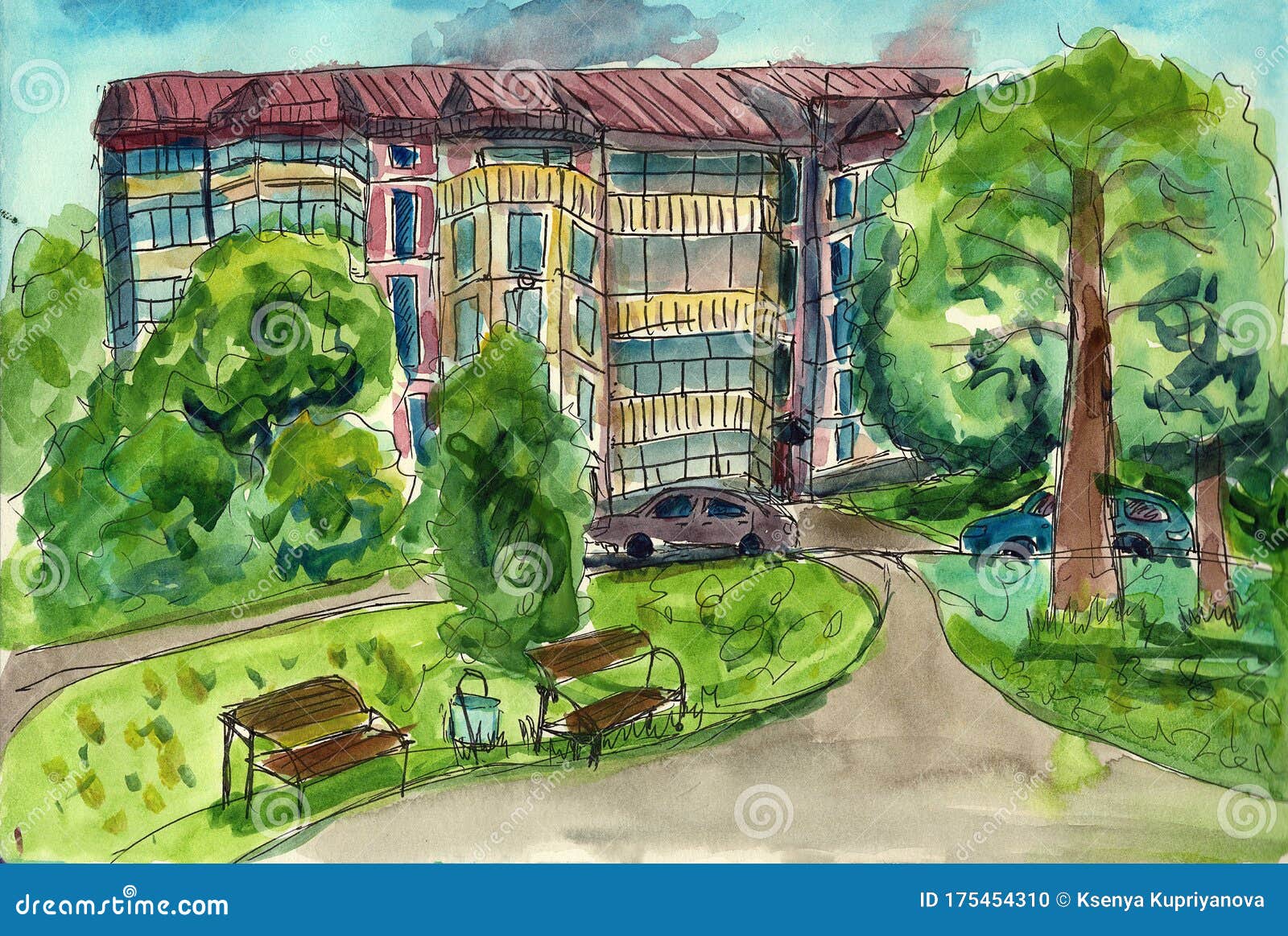 hand drawn watercolor and ink urban sketch. red house village. city garden. historical architecture. traditional exterior. gardeni