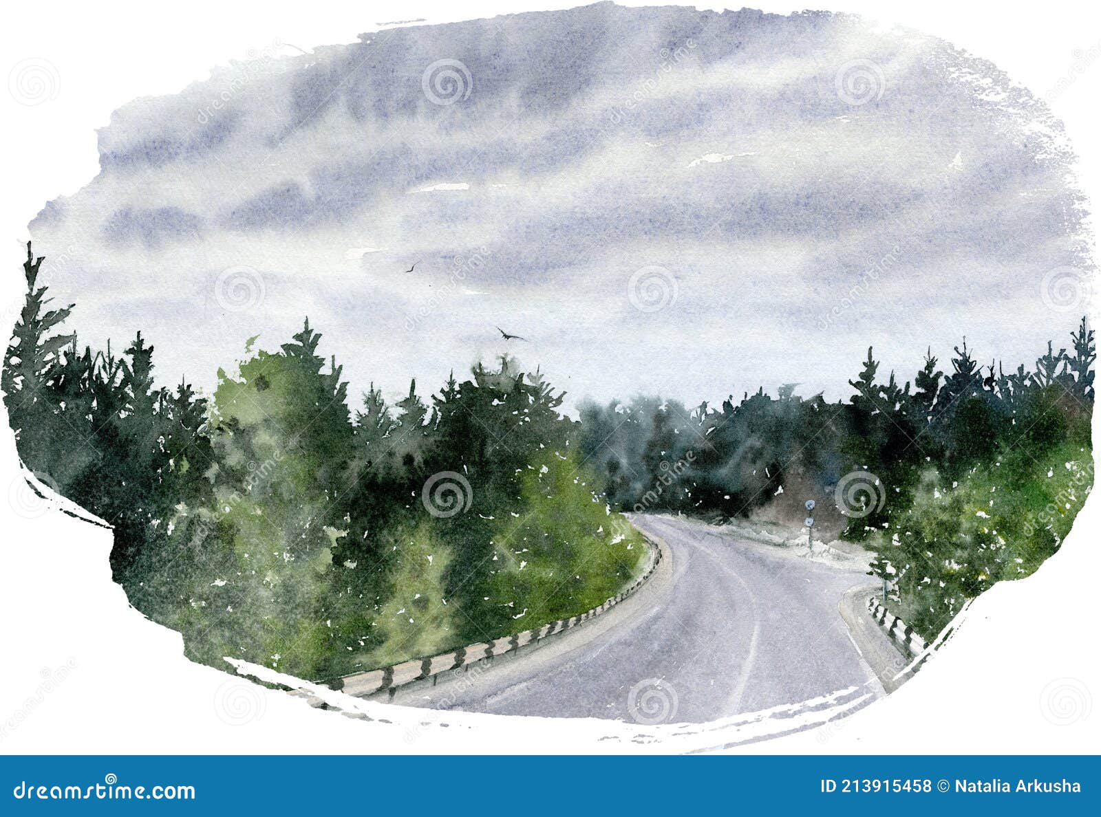 Hand Drawn Watercolor Landscape with Road Stock Illustration